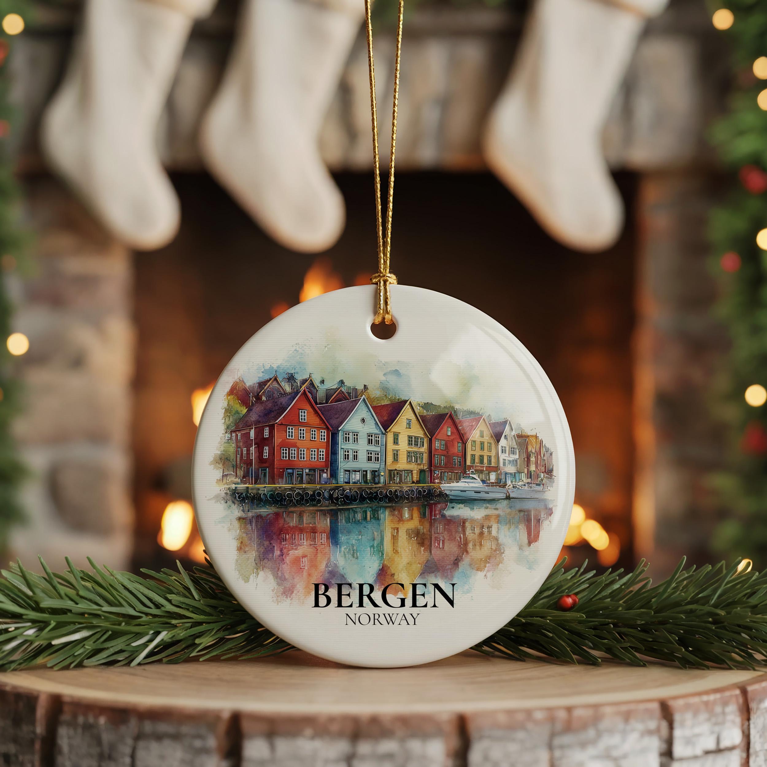 Bergen Norway Personalized Watercolor Ornament, Custom Ceramic Christmas gift, Travel Keepsake