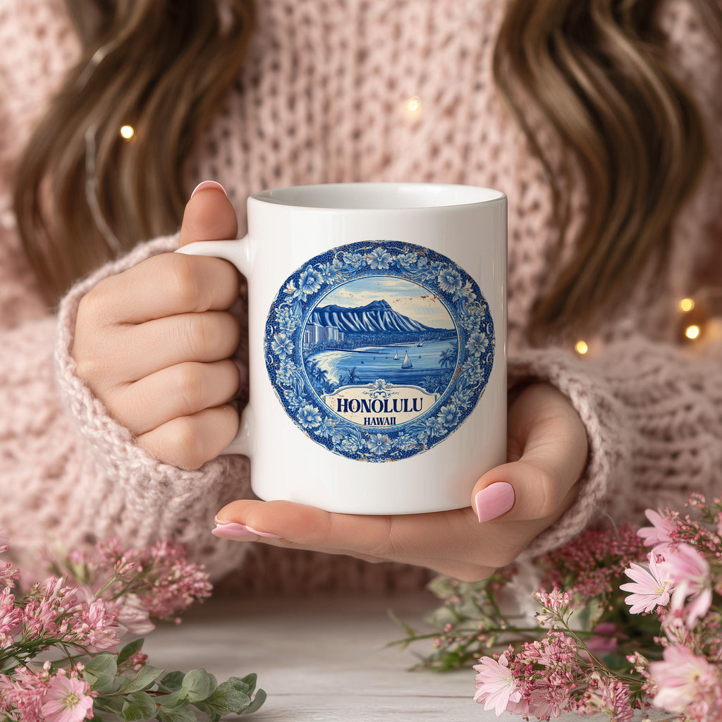 Honolulu Hawaii Mug, Custom Delft Style cup, Personalized Vintage Travel City Gift
