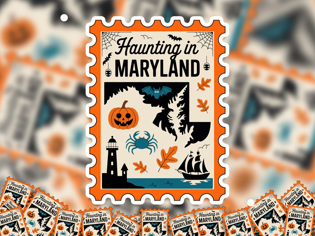 Maryland Stamp Halloween Sticker, Spooky USA Kiss-Cut Vinyl, Waterproof Decal, United States Travel