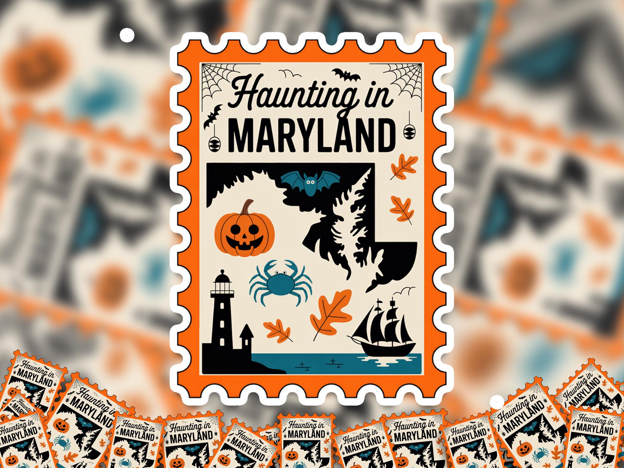 Maryland Stamp Halloween Sticker, Spooky USA Kiss-Cut Vinyl, Waterproof Decal, United States Travel