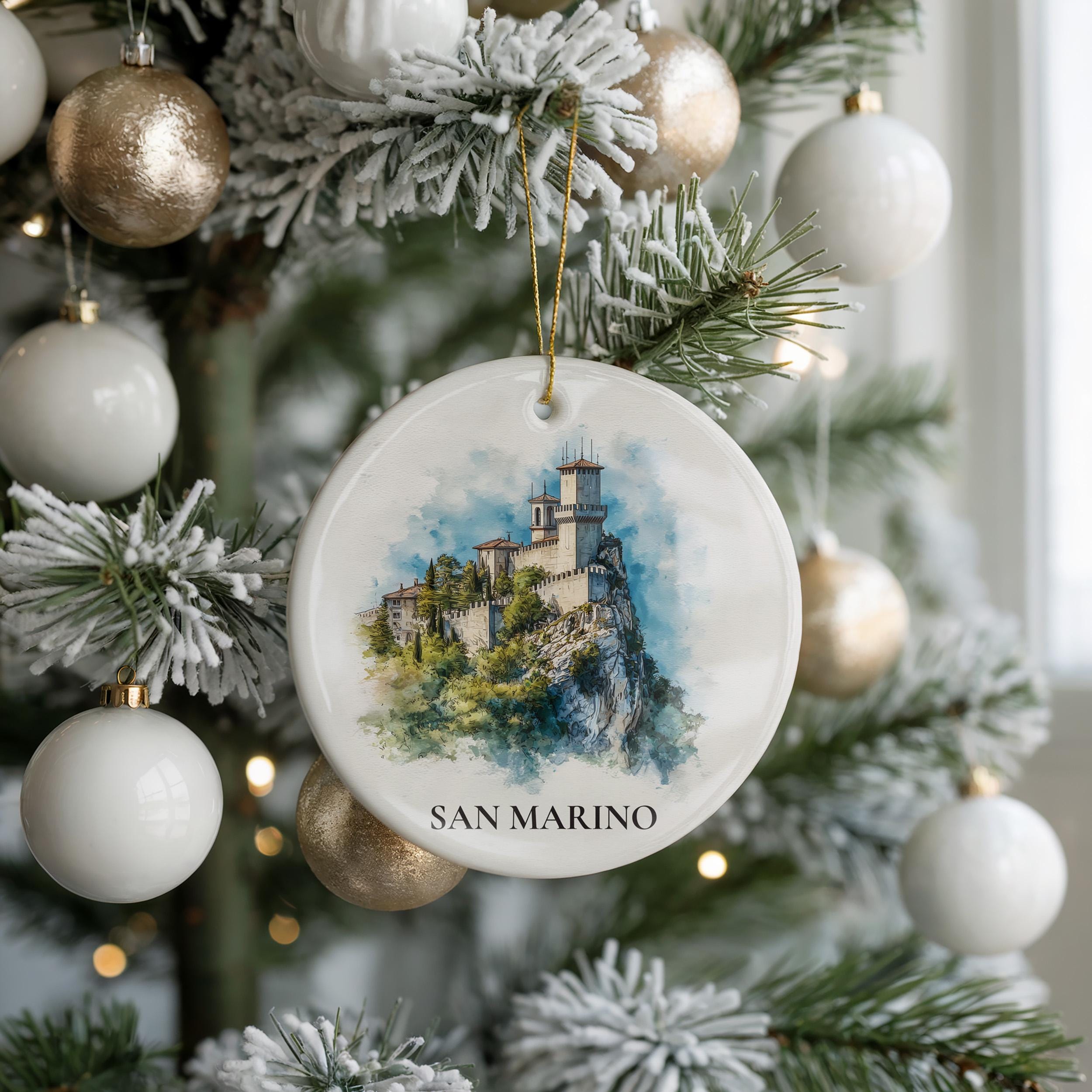 San Marino Personalized Watercolor Ornament, Custom Ceramic Christmas gift, Travel Keepsake