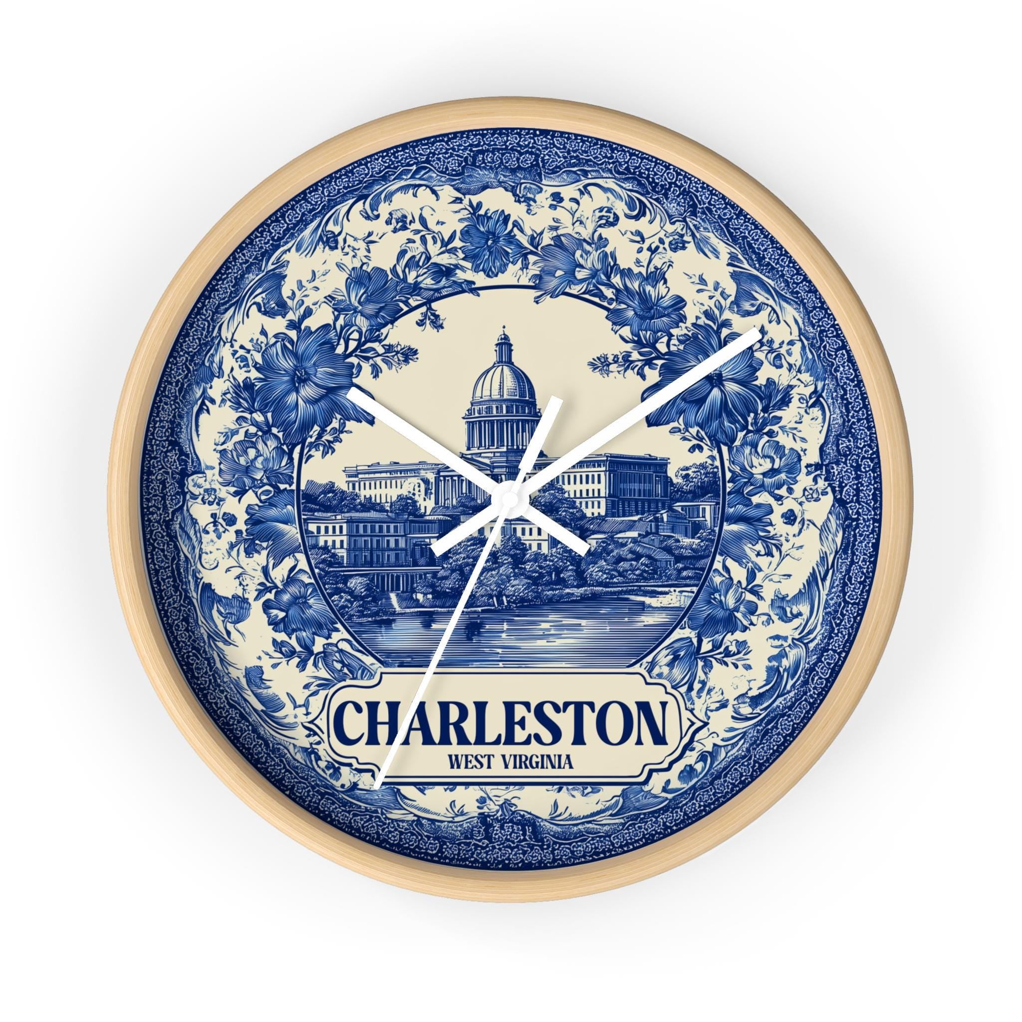 Charleston West Virginia Wall Clock, Delf style Home Decor, Vintage City Travel Keepsake Art