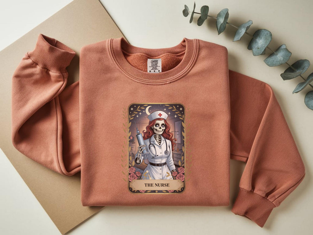Skeleton Nurse Halloween Sweatshirt, Spooky Gothic Tarot Card Pullover, Creepy RN Medical Apparel, Retro Witchy Fall Top, Gift for Nurse