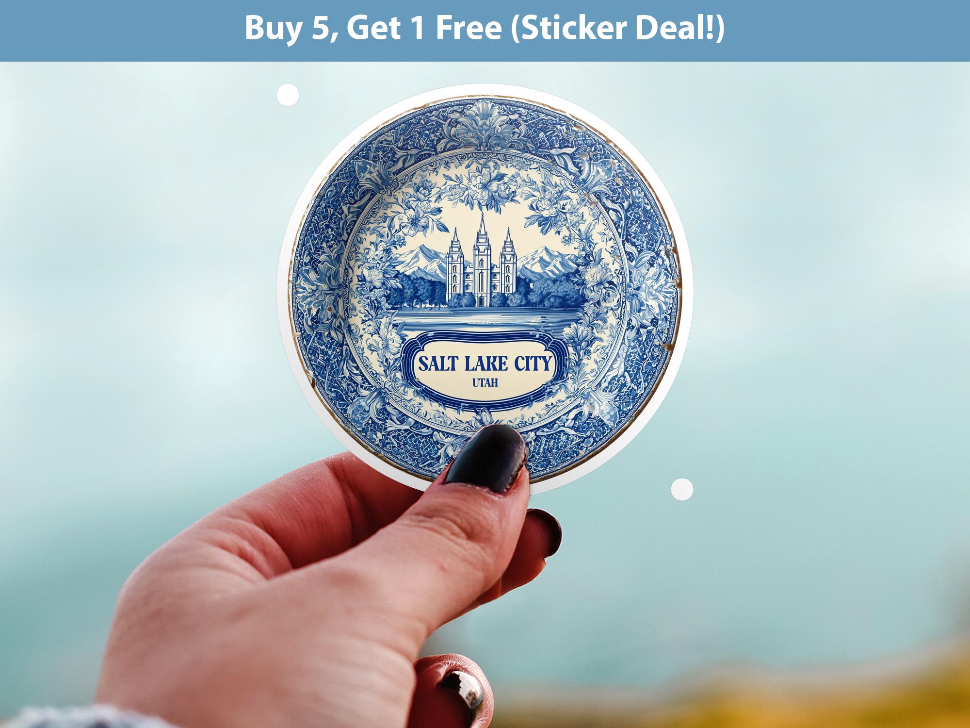 Salt Lake City Utah Sticker Vintage Delft style, Delftware Decal Waterproof Vinyl, Blue City Travel