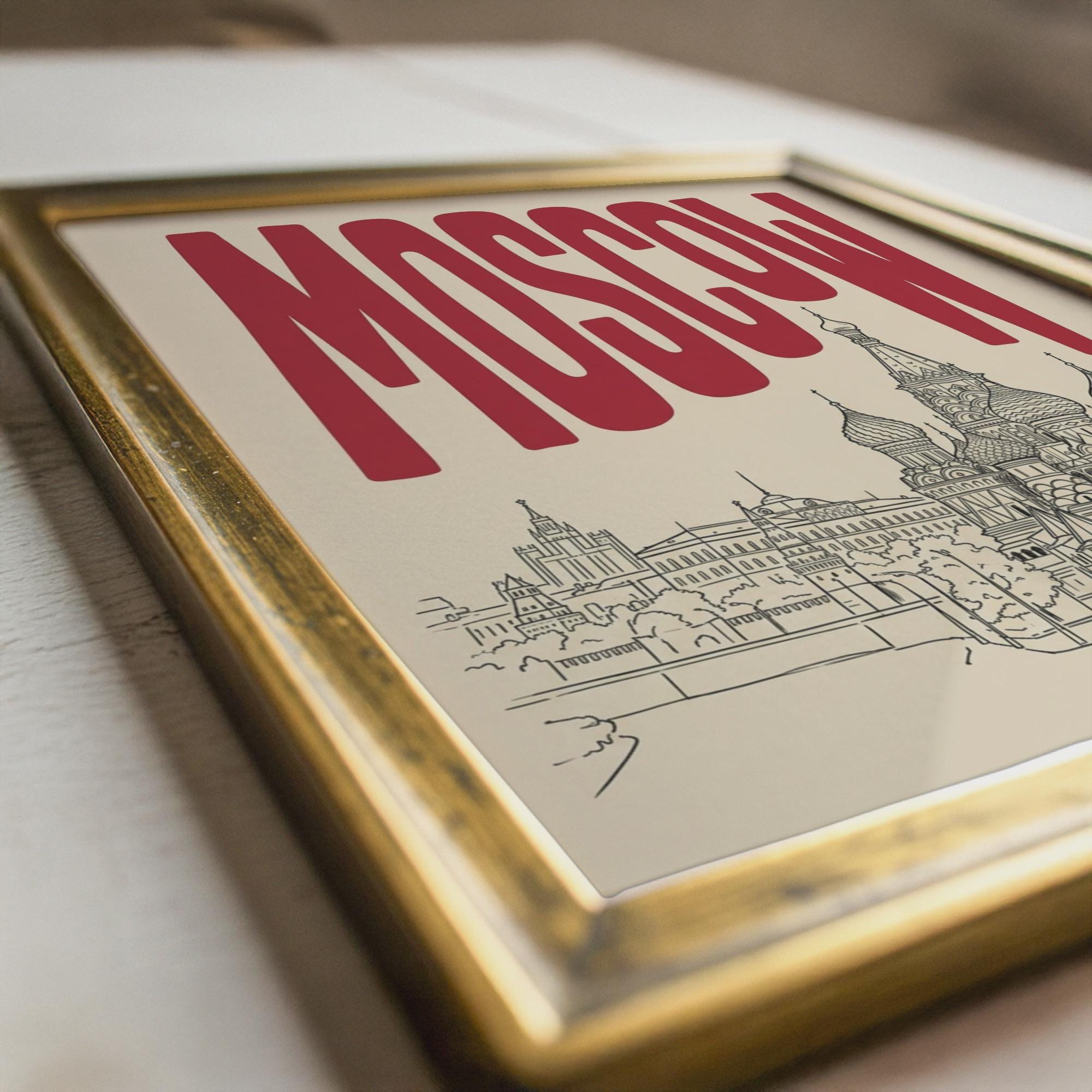 Moscow Skyline Wall Art, Framed Canvas Print, Retro Travel Poster Decor