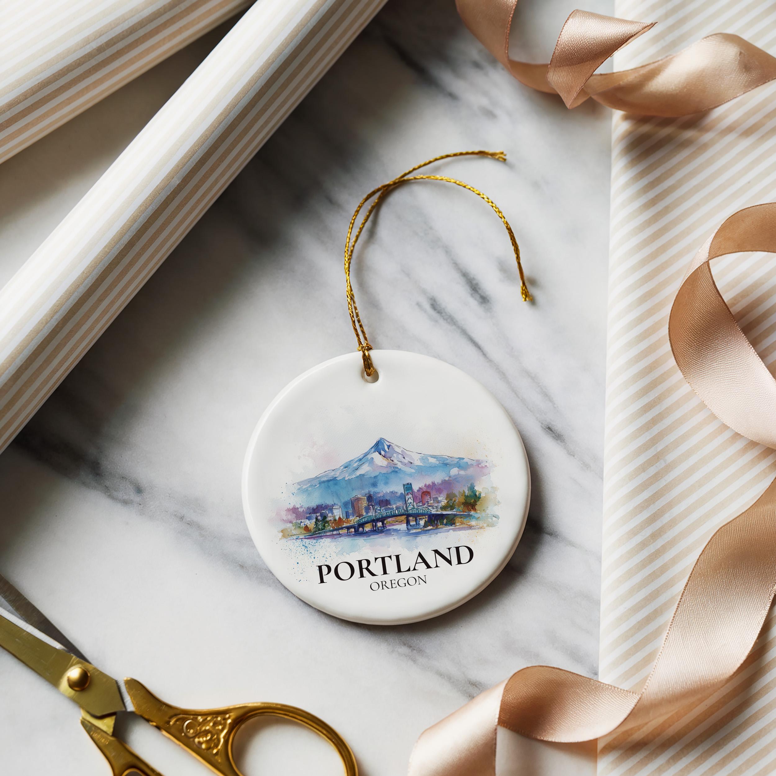 Portland Oregon Personalized Watercolor Ornament, Custom Ceramic Christmas gift, Travel Keepsake