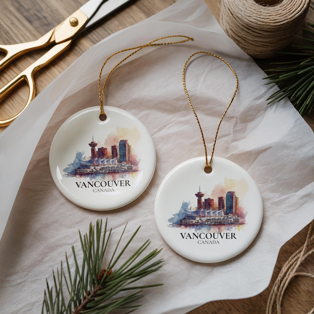 Vancouver Canada Personalized Watercolor Ornament, Custom Ceramic Christmas gift, Travel Keepsake