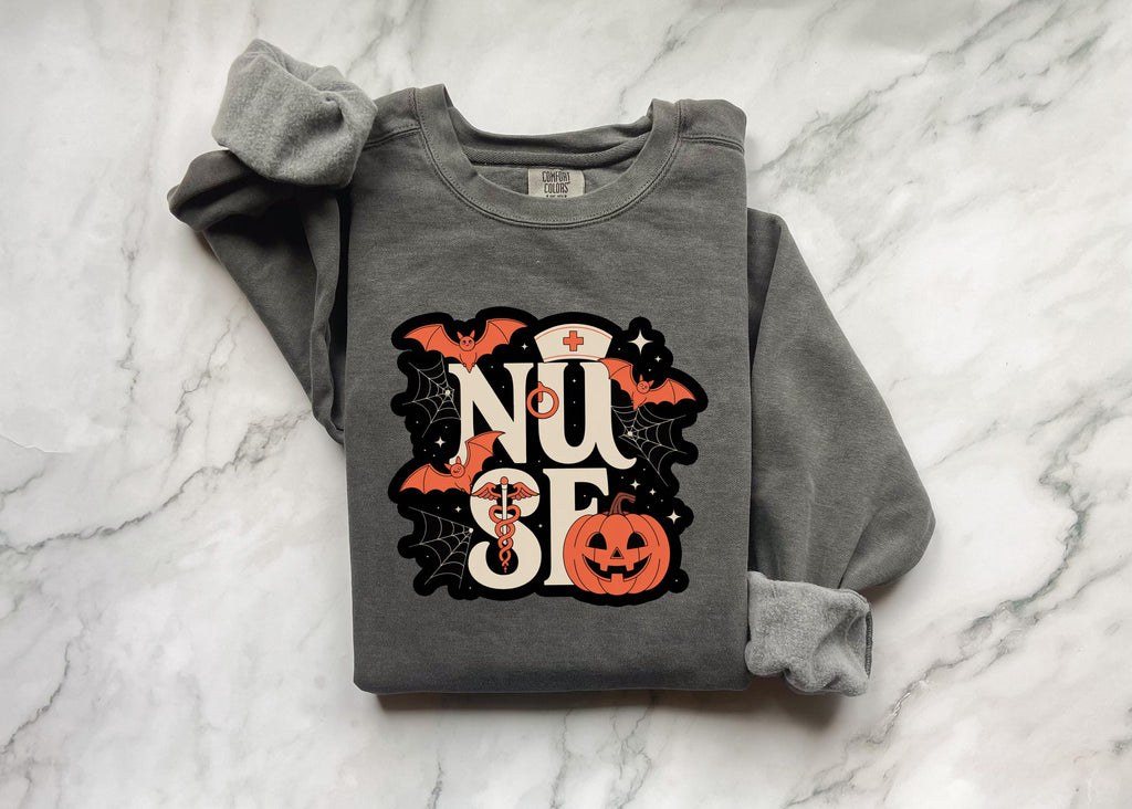 Halloween Nurse Comfort Colors Sweatshirt, Spooky RN Crewneck Pullover, Pumpkin Bat Ghost Print, Fall Nurse Gift Outfit
