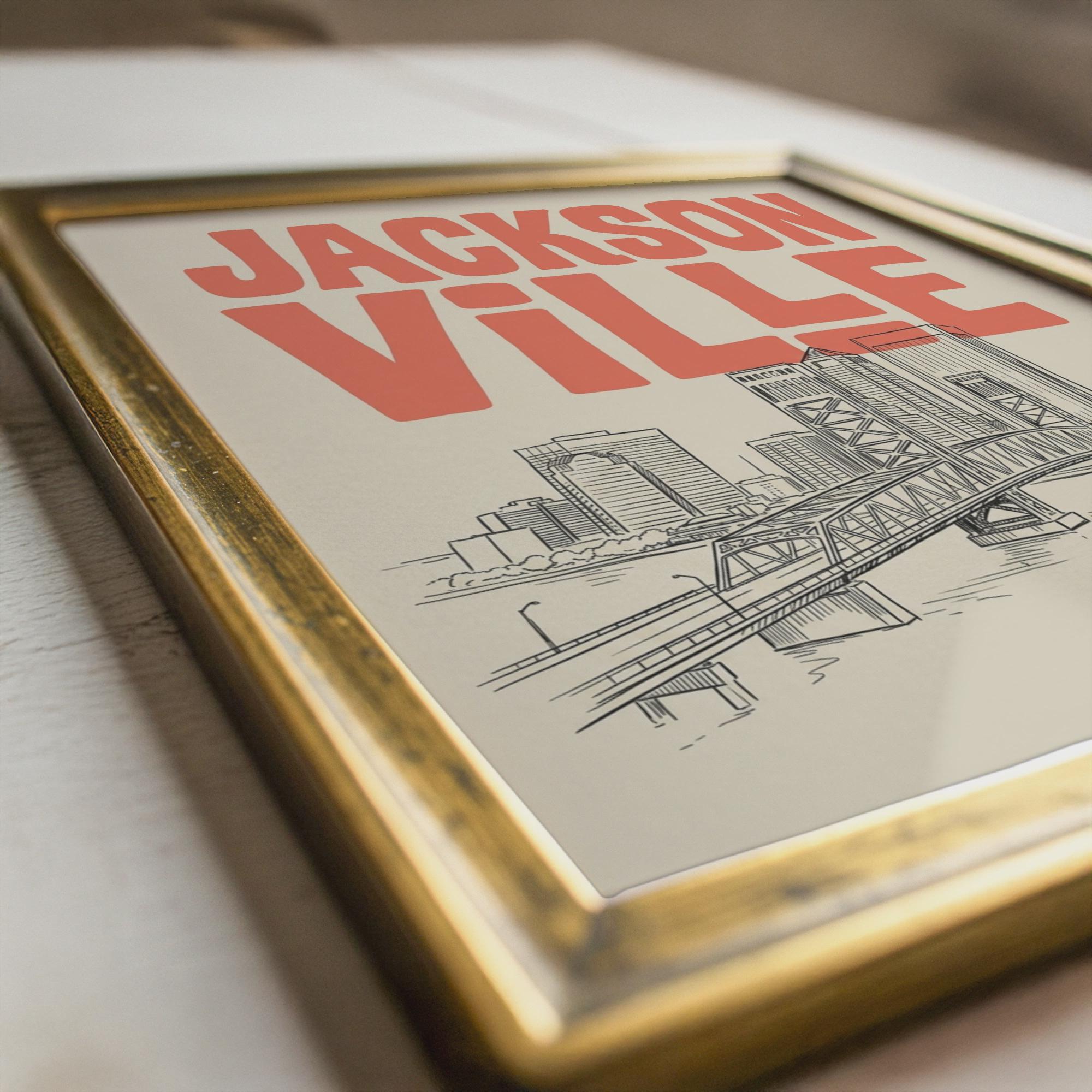 Jacksonville Florida Skyline Minimalist Wall Art, Framed Canvas Print, Retro City Decor