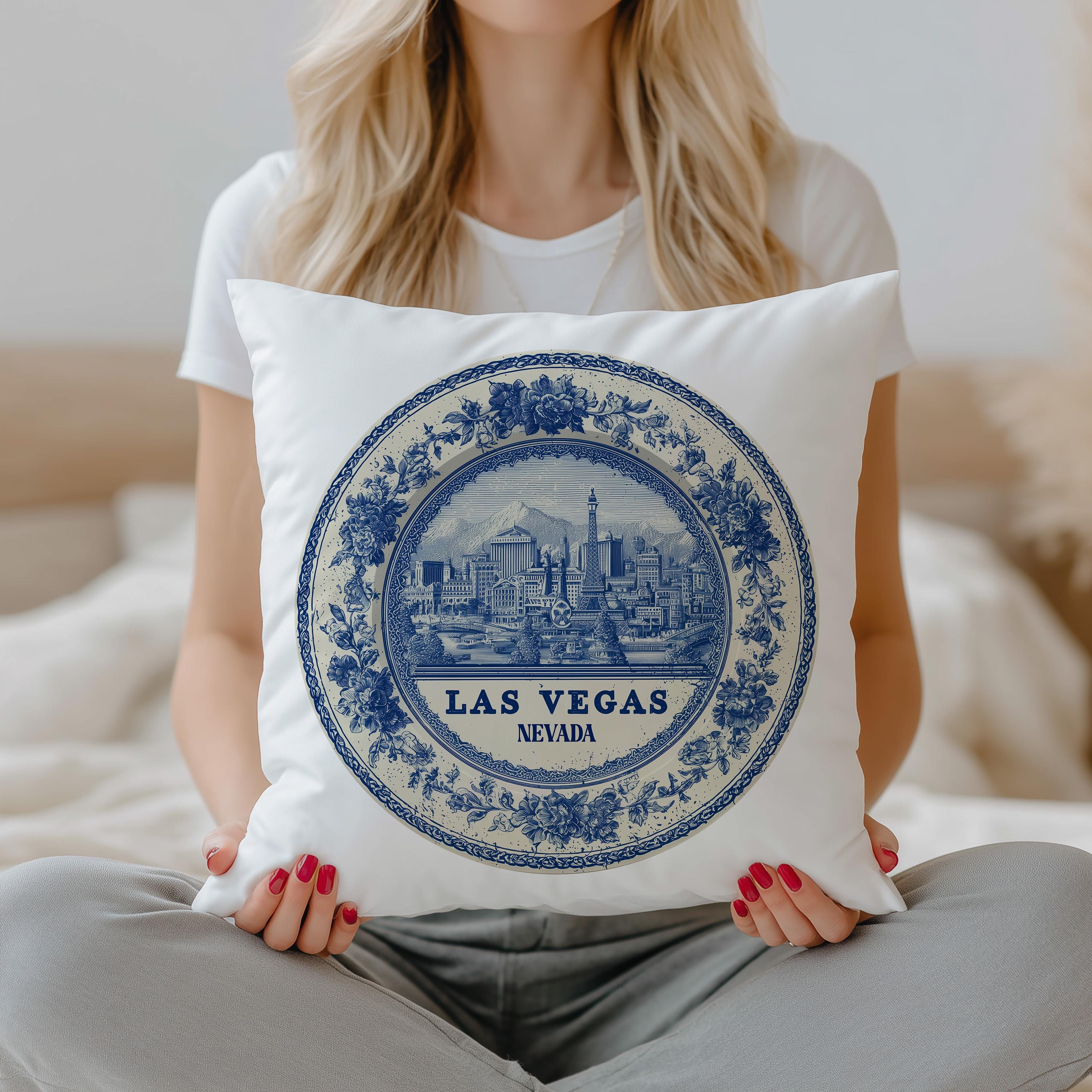 Las Vegas Nevada Pillowcase, Delft Style Decorative Throw Pillow, Vintage Cityscape Retro Home Decor