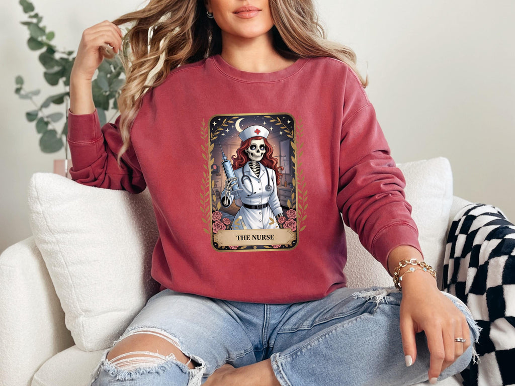Skeleton Nurse Halloween Sweatshirt, Spooky Gothic Tarot Card Pullover, Creepy RN Medical Apparel, Retro Witchy Fall Top, Gift for Nurse