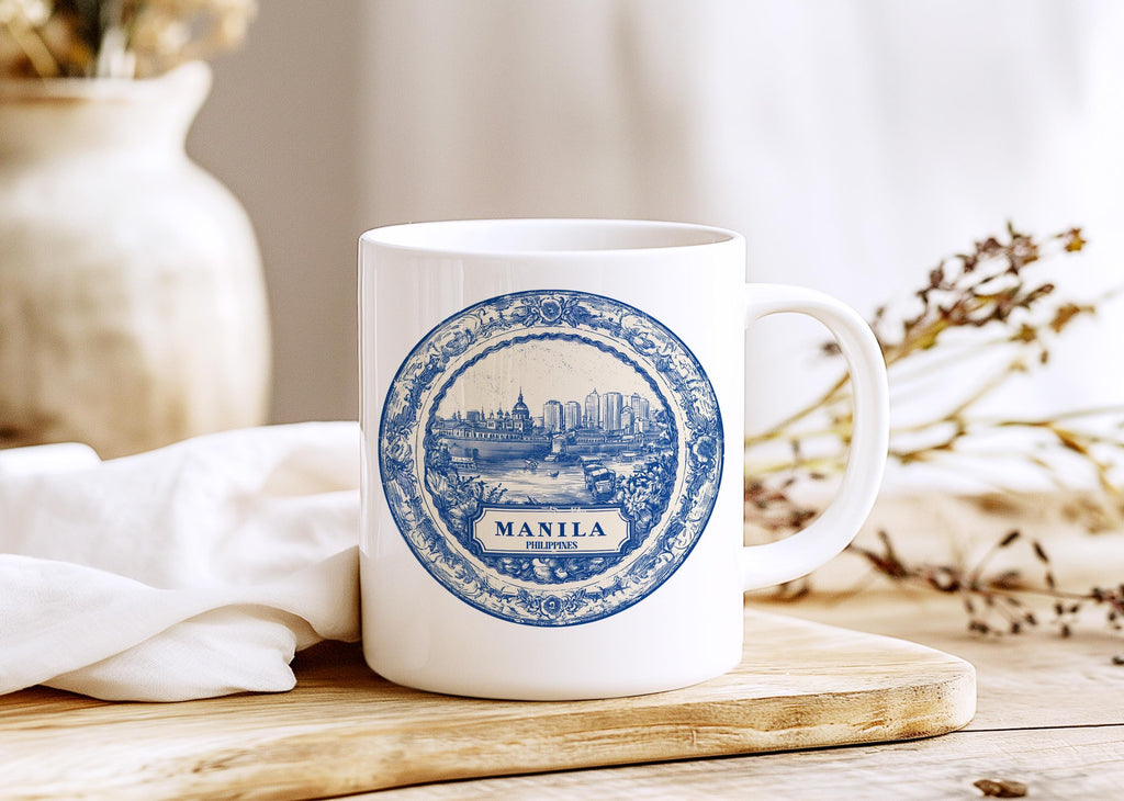 Manila Philippines Mug, Custom Delft Style cup, Personalized Vintage Travel City Gift