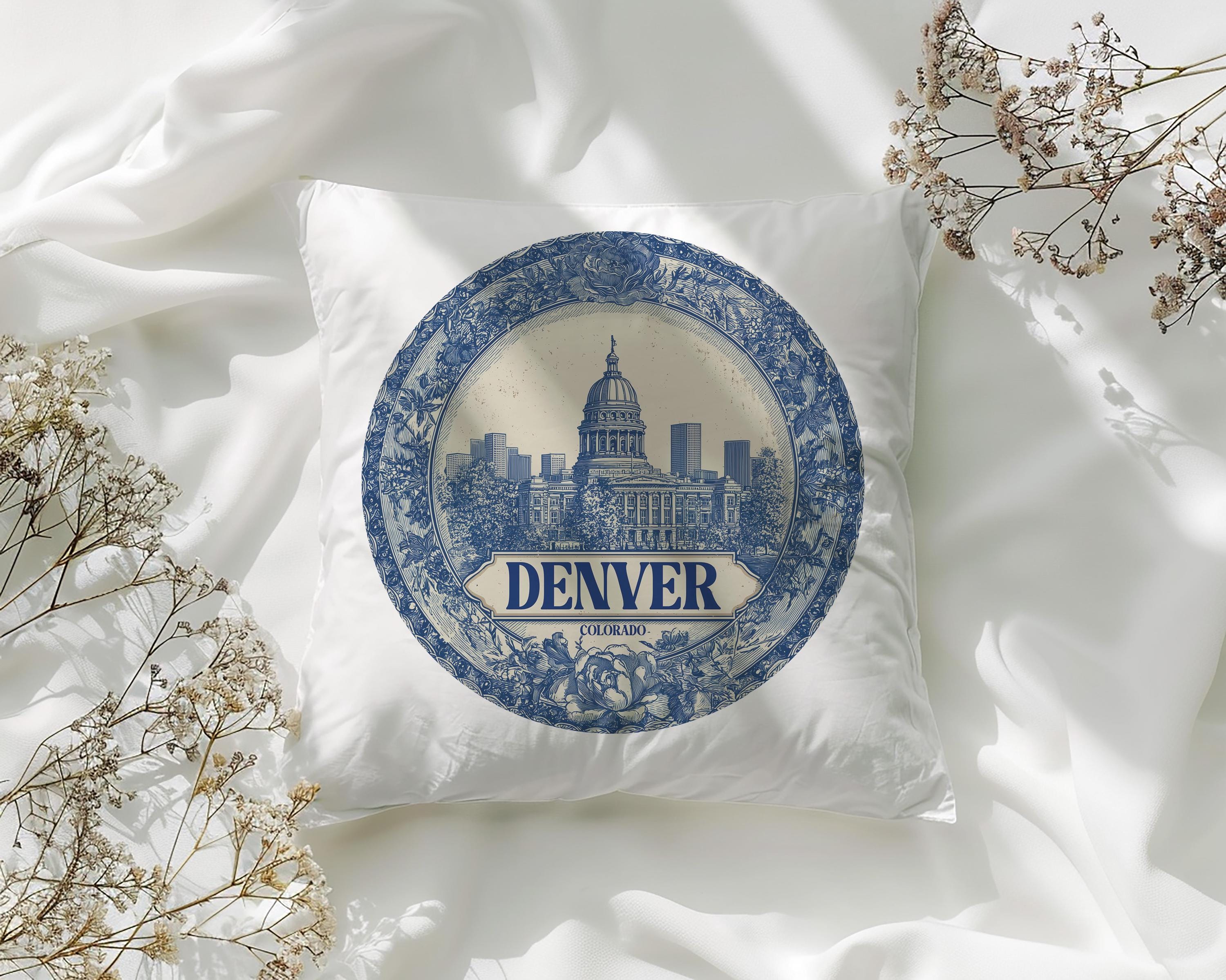 Denver Colorado Pillowcase, Delft Style Decorative Throw Pillow, Vintage Cityscape Retro Home Decor