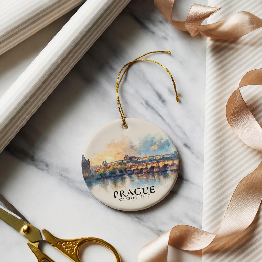 Prague Czech Republic Custom Watercolor Ornament, Personalized Ceramic Christmas gift, Travel Keepsake