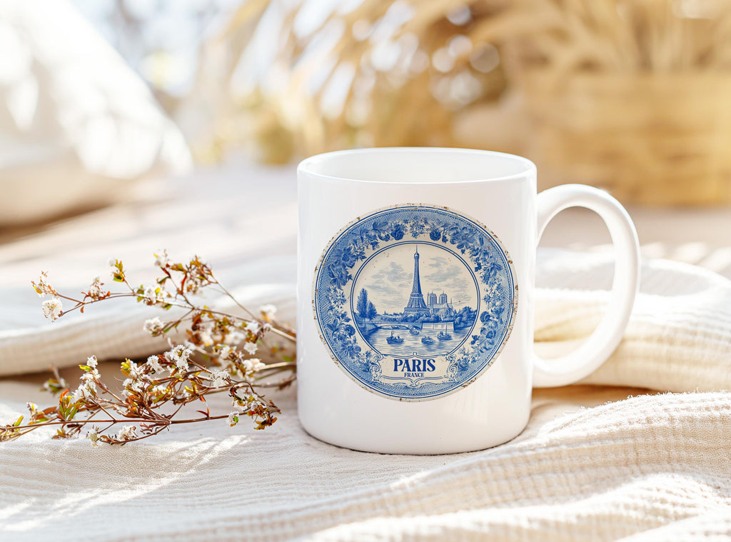 Paris France Mug, Custom Delft Style cup, Personalized Vintage Travel City Gift