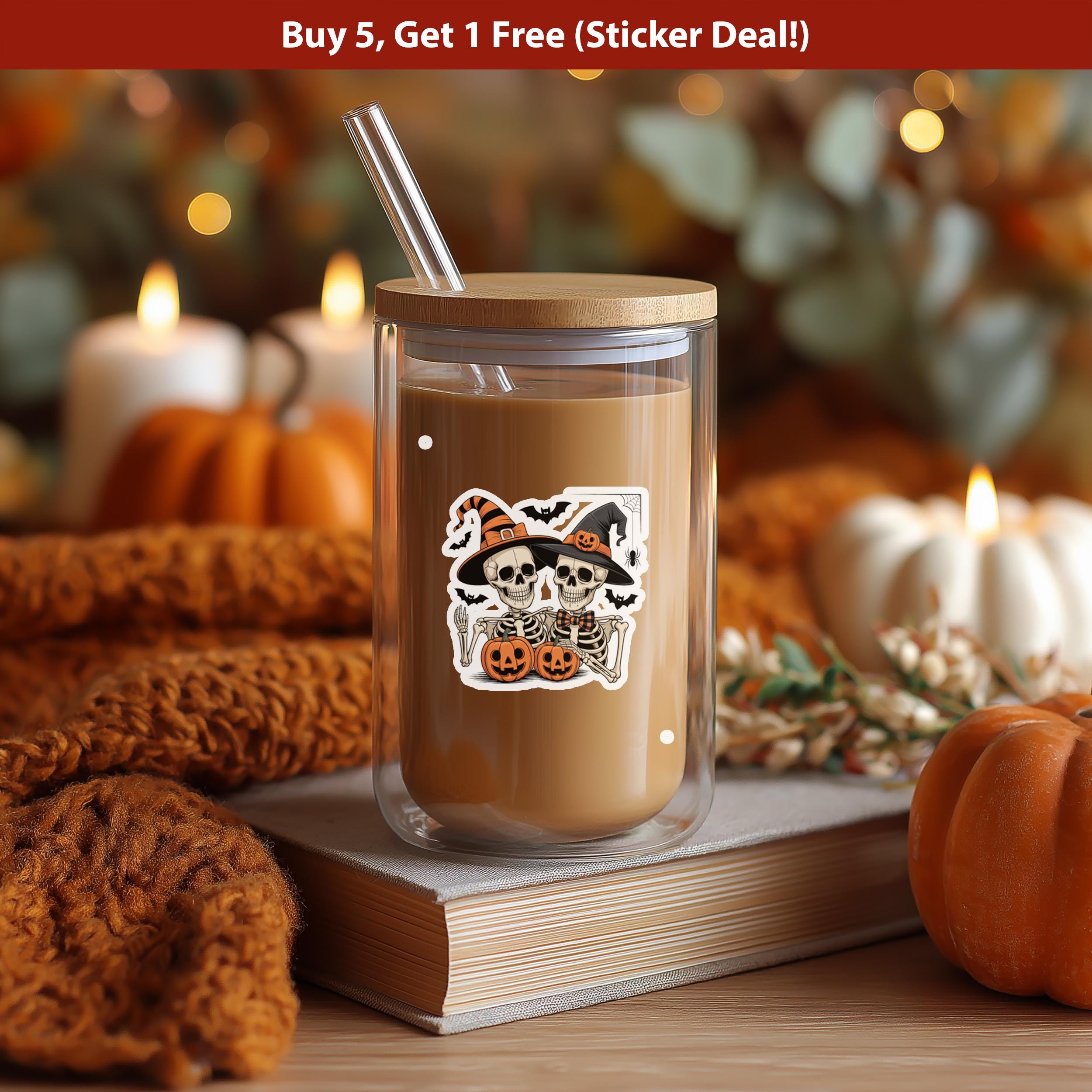 Halloween Skeleton Sticker – Cute Spooky Witch Hat Pumpkin Decal, Laptop Water Bottle Gift