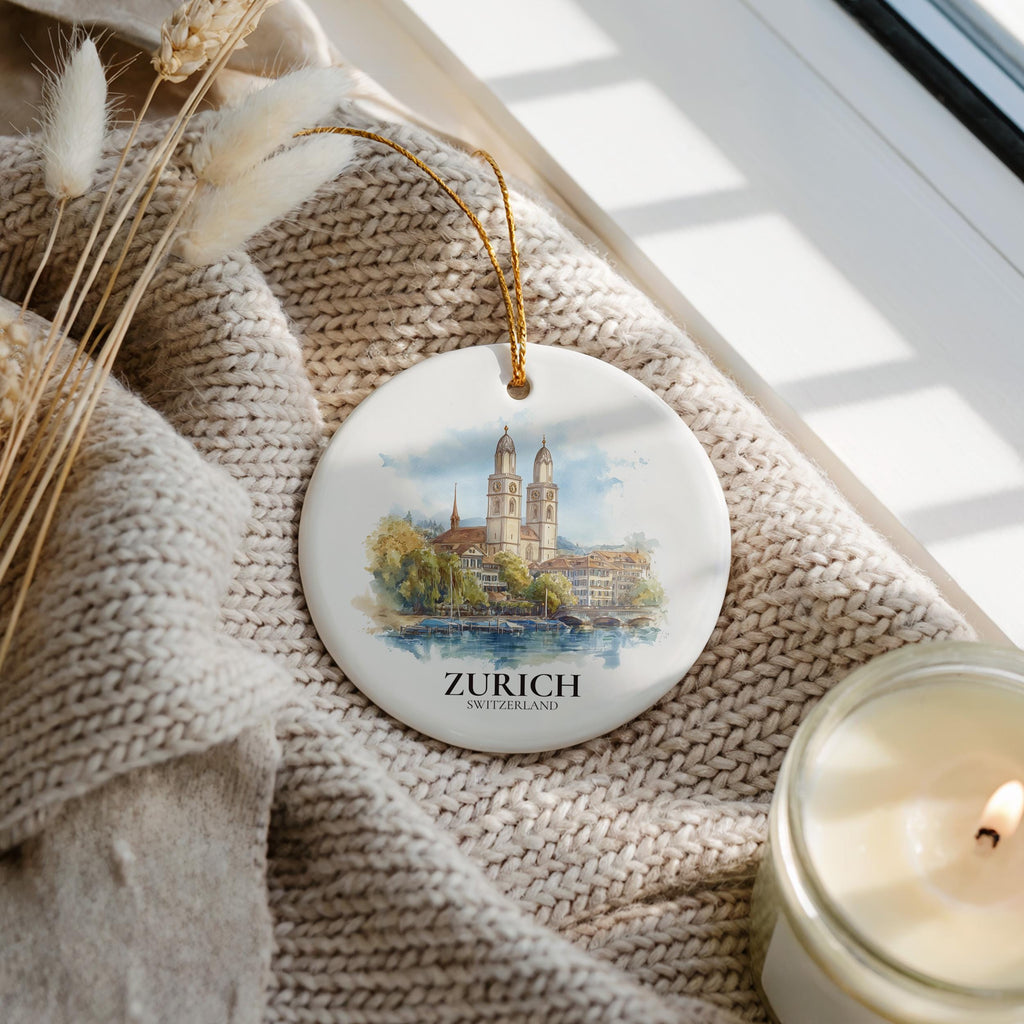 Zurich Switzerland Personalized Watercolor Ornament, Custom Ceramic Christmas gift, Travel Keepsake