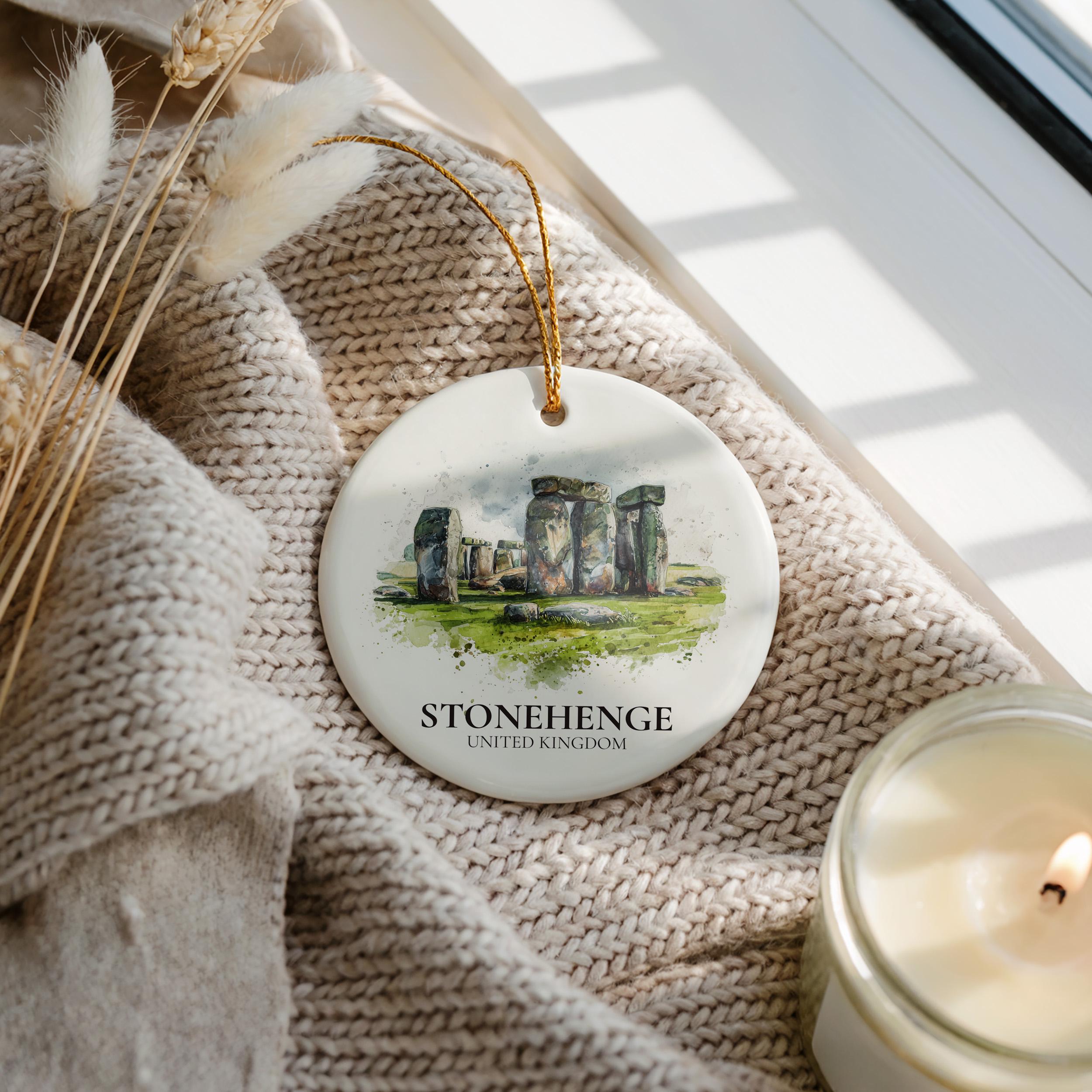 Stonehenge England Personalized Watercolor Ornament, Custom Ceramic Christmas gift, Travel Keepsake