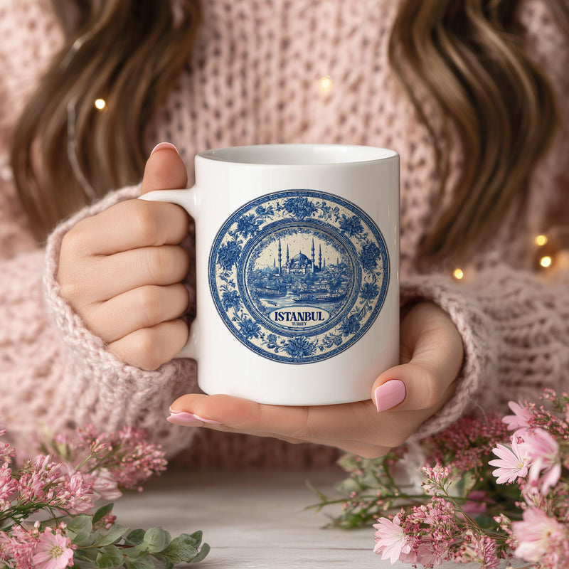 Istanbul Turkey Mug, Custom Delft Style cup, Personalized Vintage Travel City Gift