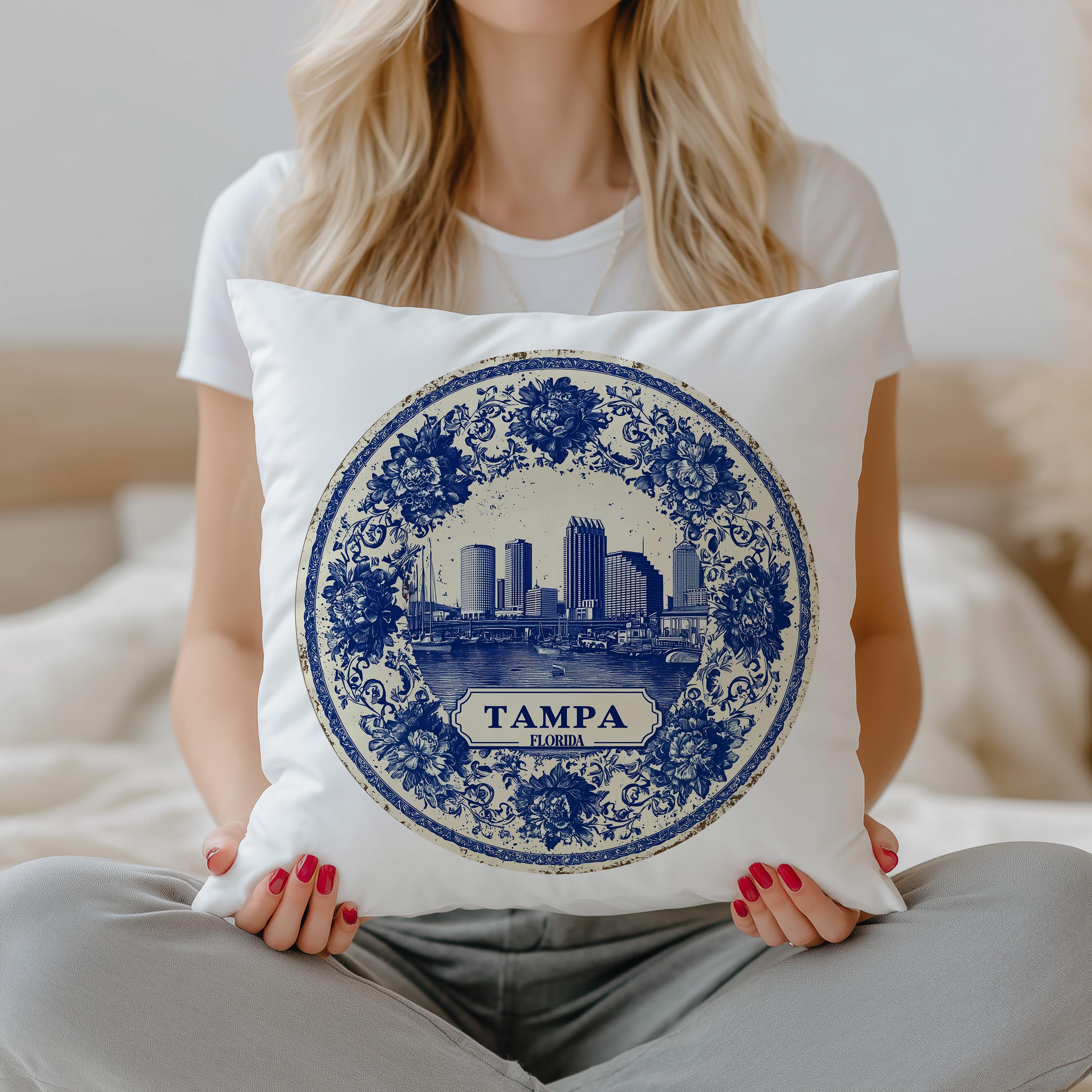 Tampa Florida Pillowcase, Delft Style Decorative Throw Pillow, Vintage Cityscape Retro Home Decor