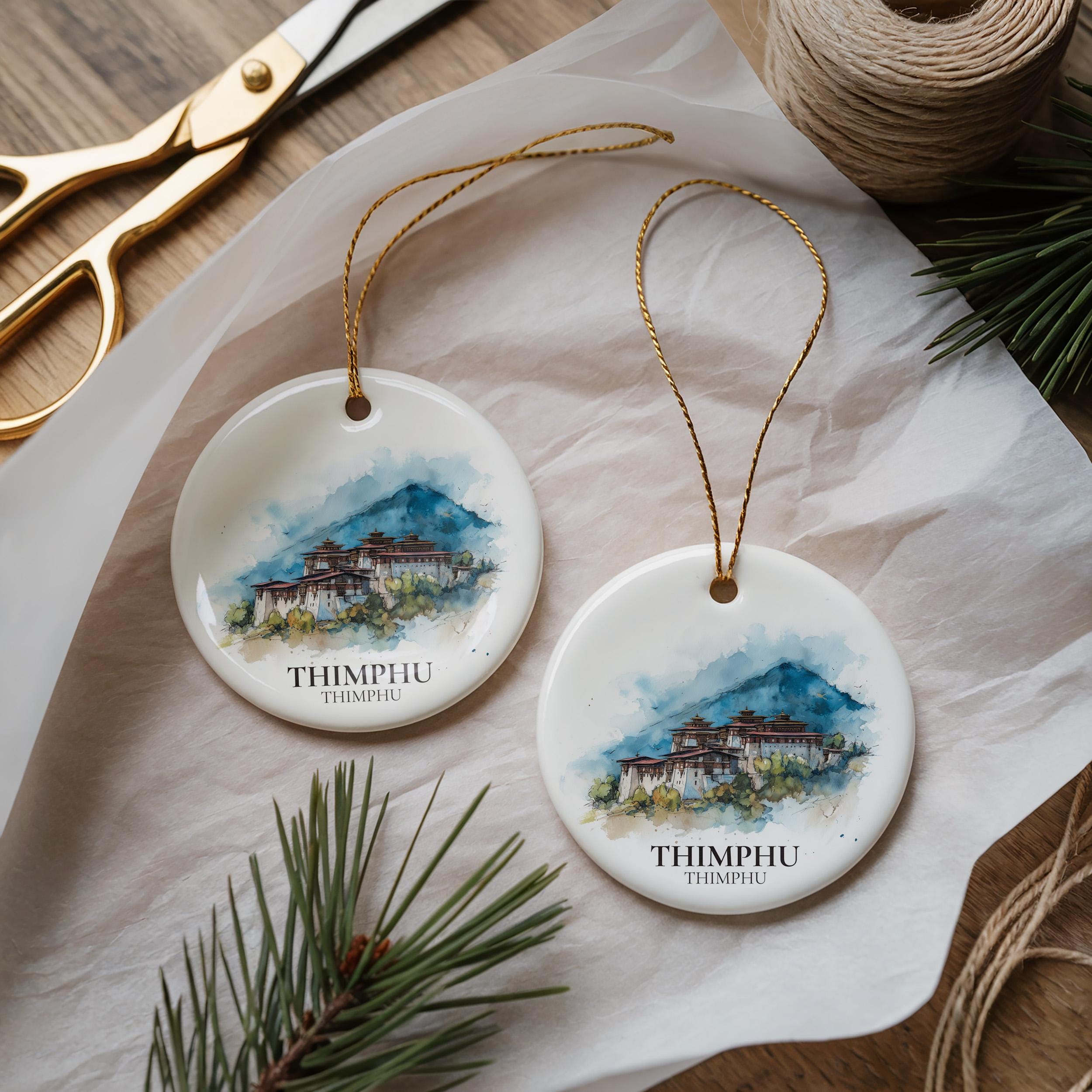 Thimphu Bhutan Personalized Watercolor Ornament, Custom Ceramic Christmas gift, Travel Keepsake