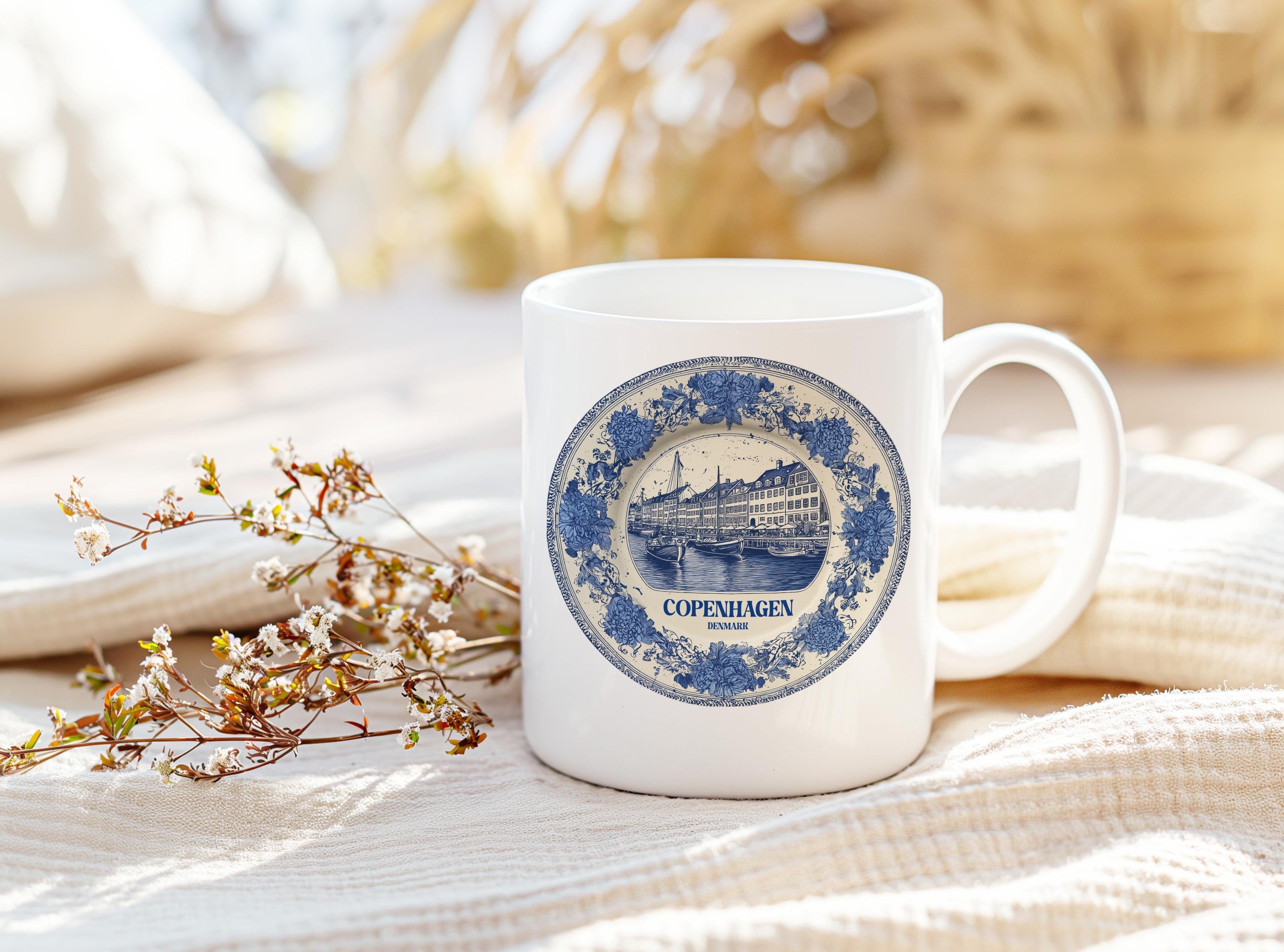 Copenhagen Denmark Mug, Custom Delft Style cup, Personalized Vintage Travel City Gift