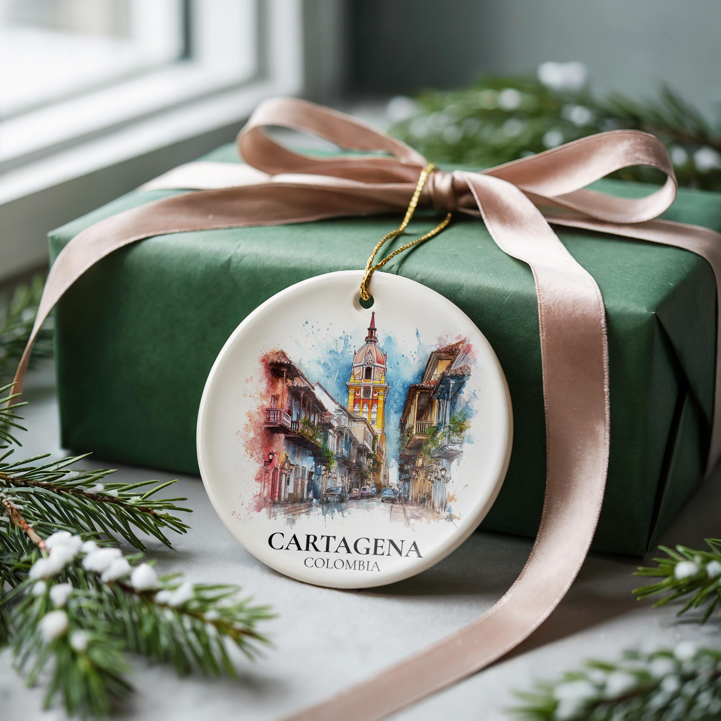 Cartagena Colombia Personalized Watercolor Ornament, Custom Ceramic Christmas gift, Travel Keepsake