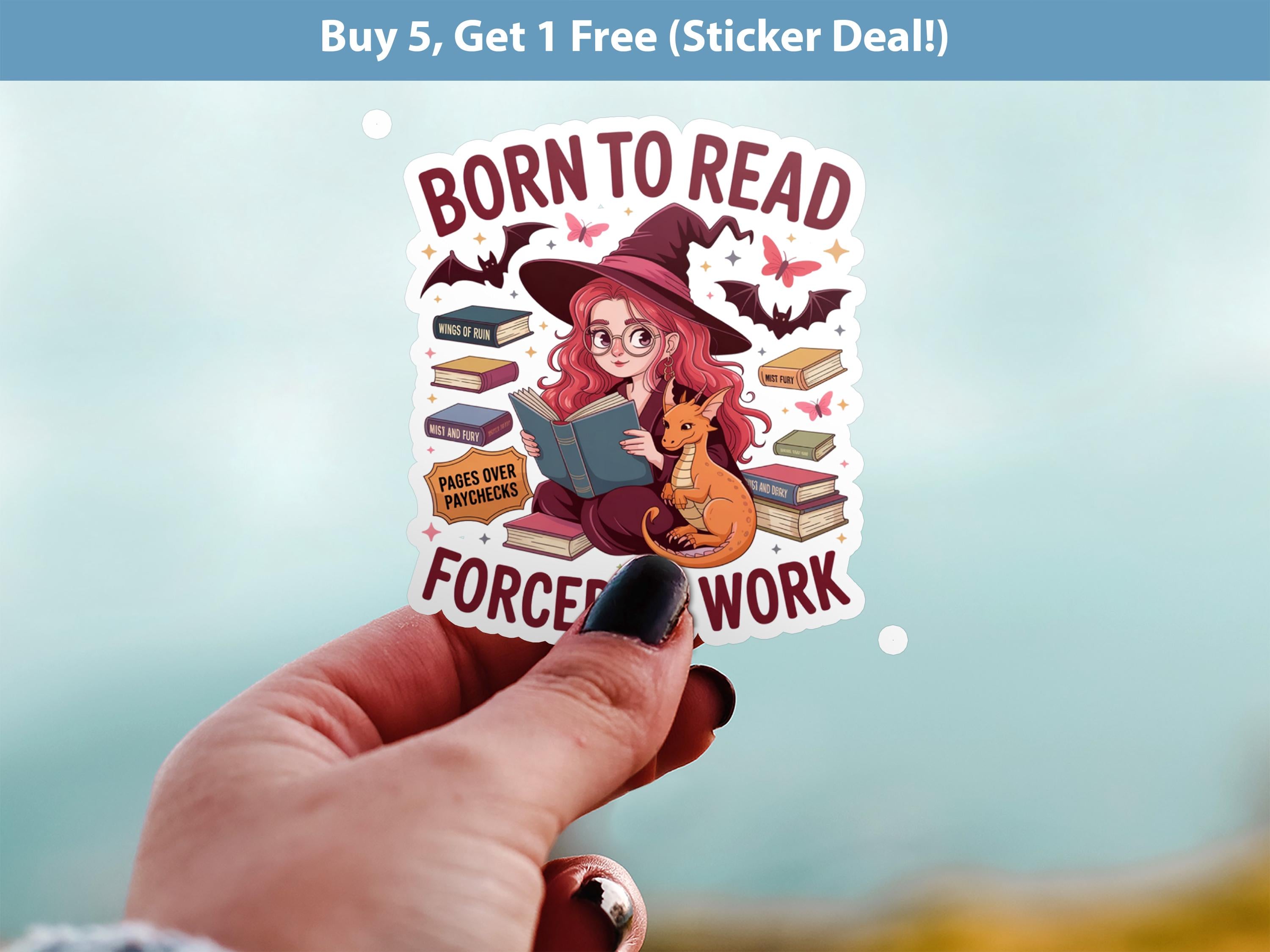 Born To Read Forced To Work Sticker, Cute Witch Book Lover Halloween Vinyl Decal
