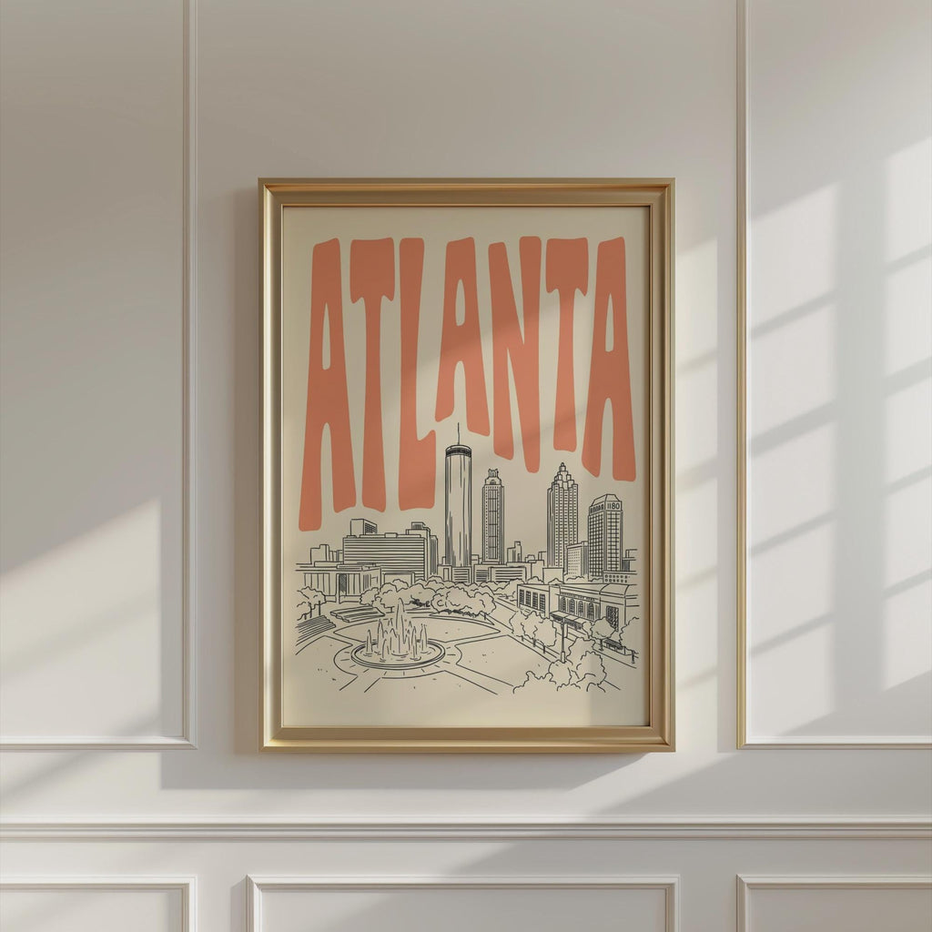 Atlanta Skyline Wall Art, Framed Canvas Print, Retro City Line Art Decor