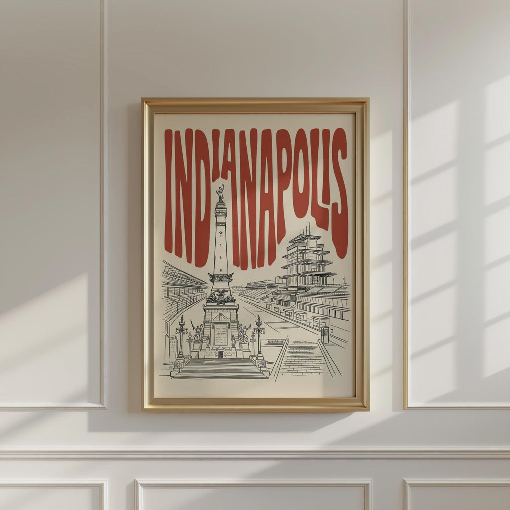 Indianapolis Wall Art, Minimalist Retro Skyline Framed Canvas Print, Indiana Home Decor