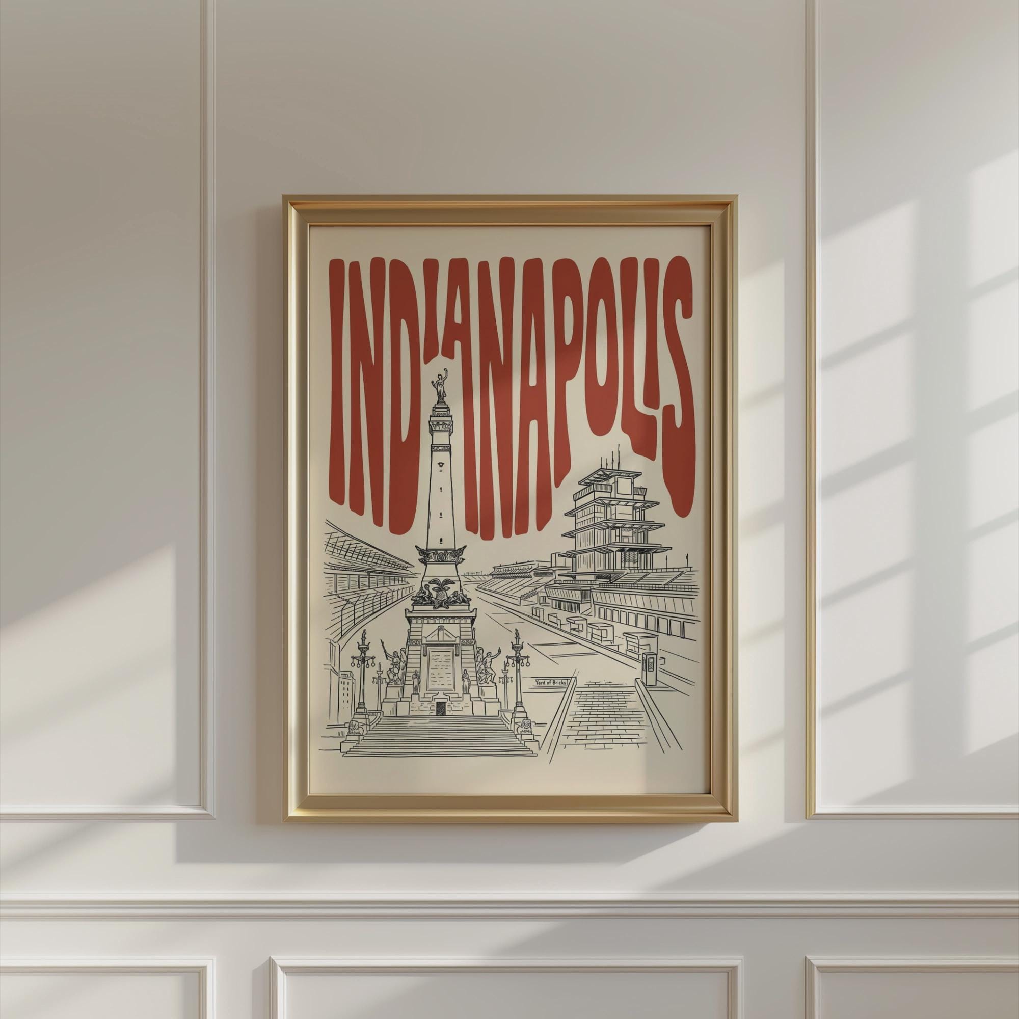 Indianapolis Wall Art, Minimalist Retro Skyline Framed Canvas Print, Indiana Home Decor