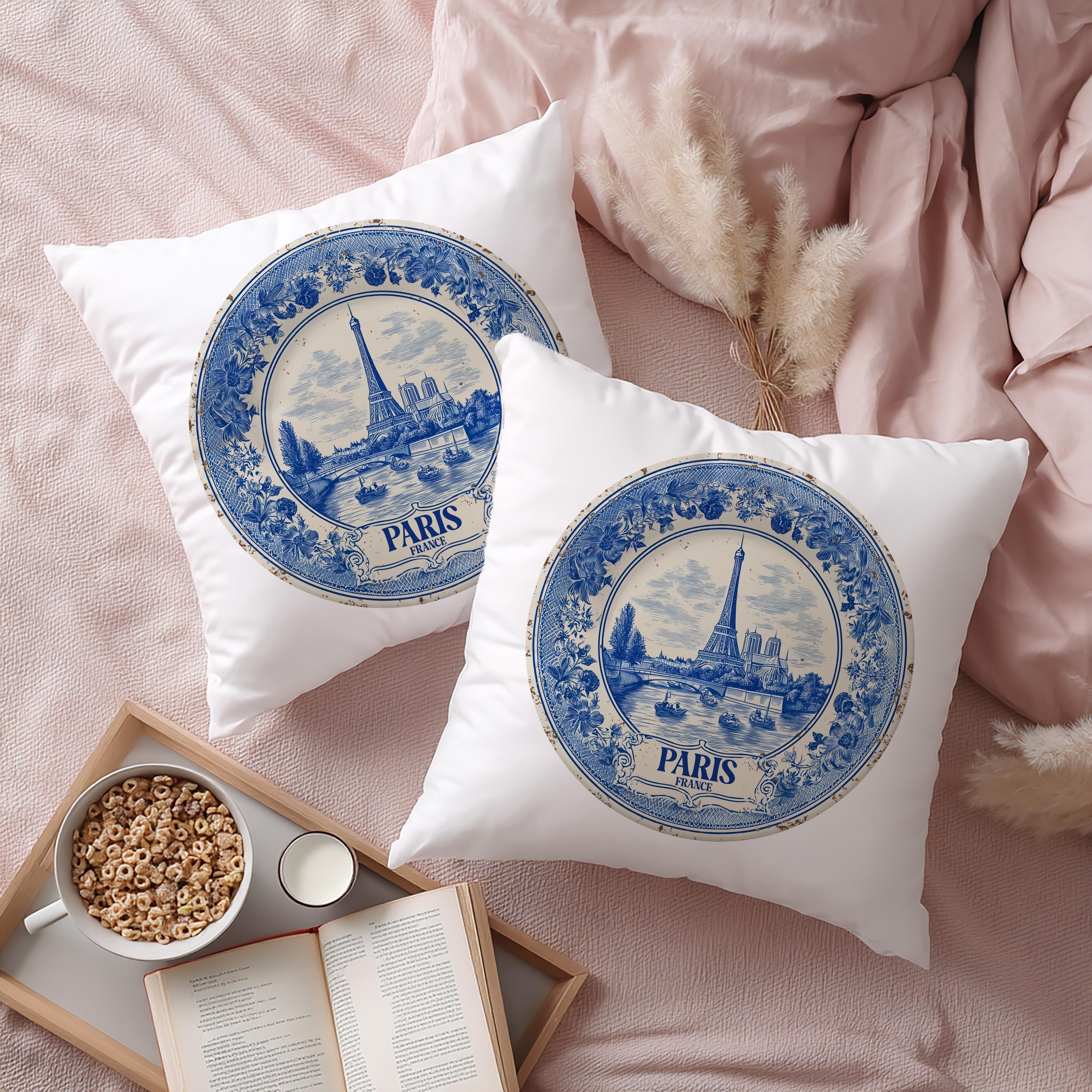 Paris France Pillowcase, Delft Style Decorative Throw Pillow, Vintage Cityscape Retro Home Decor