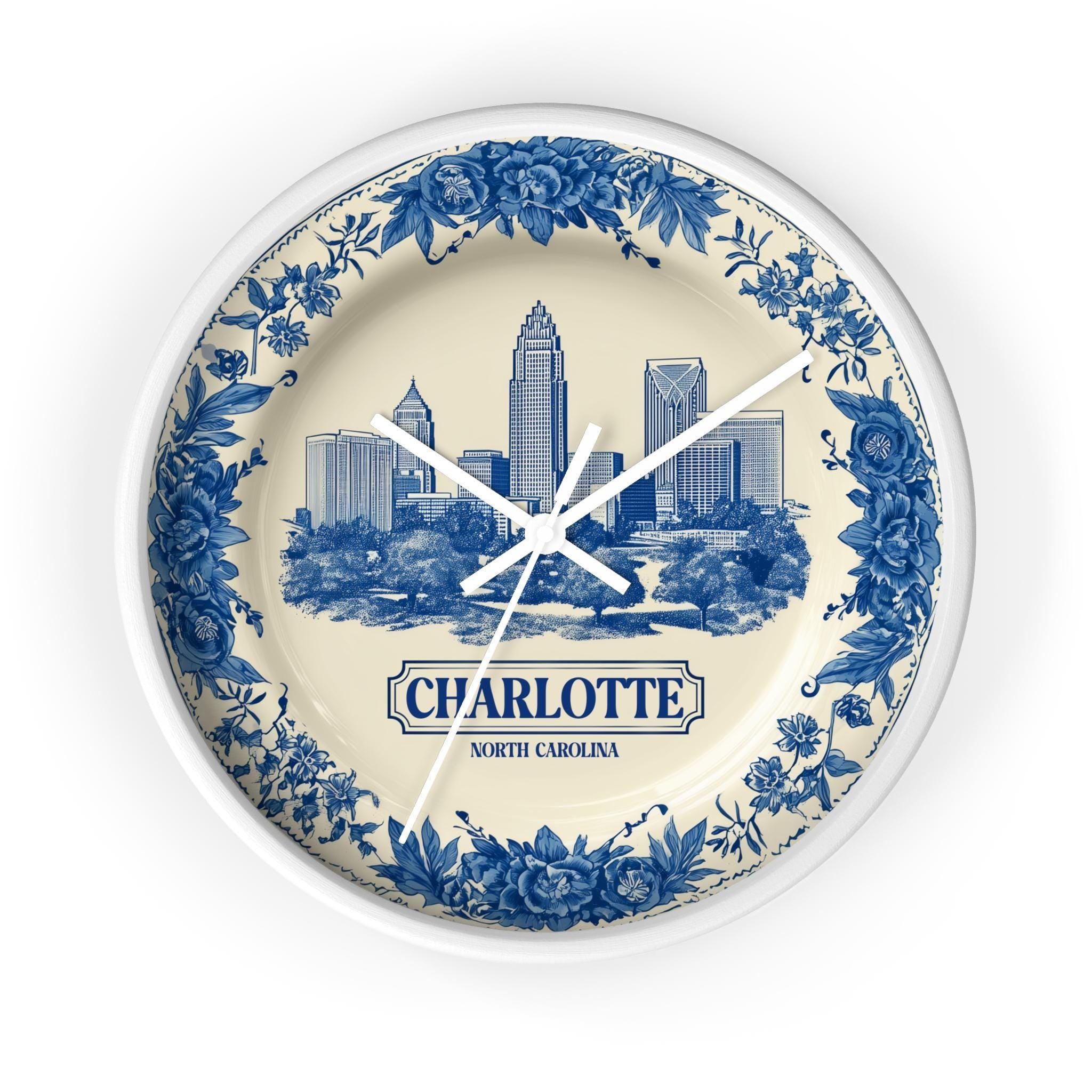 Charlotte North Carolina Wall Clock, Delf style Home Decor, Vintage City Travel Keepsake Art