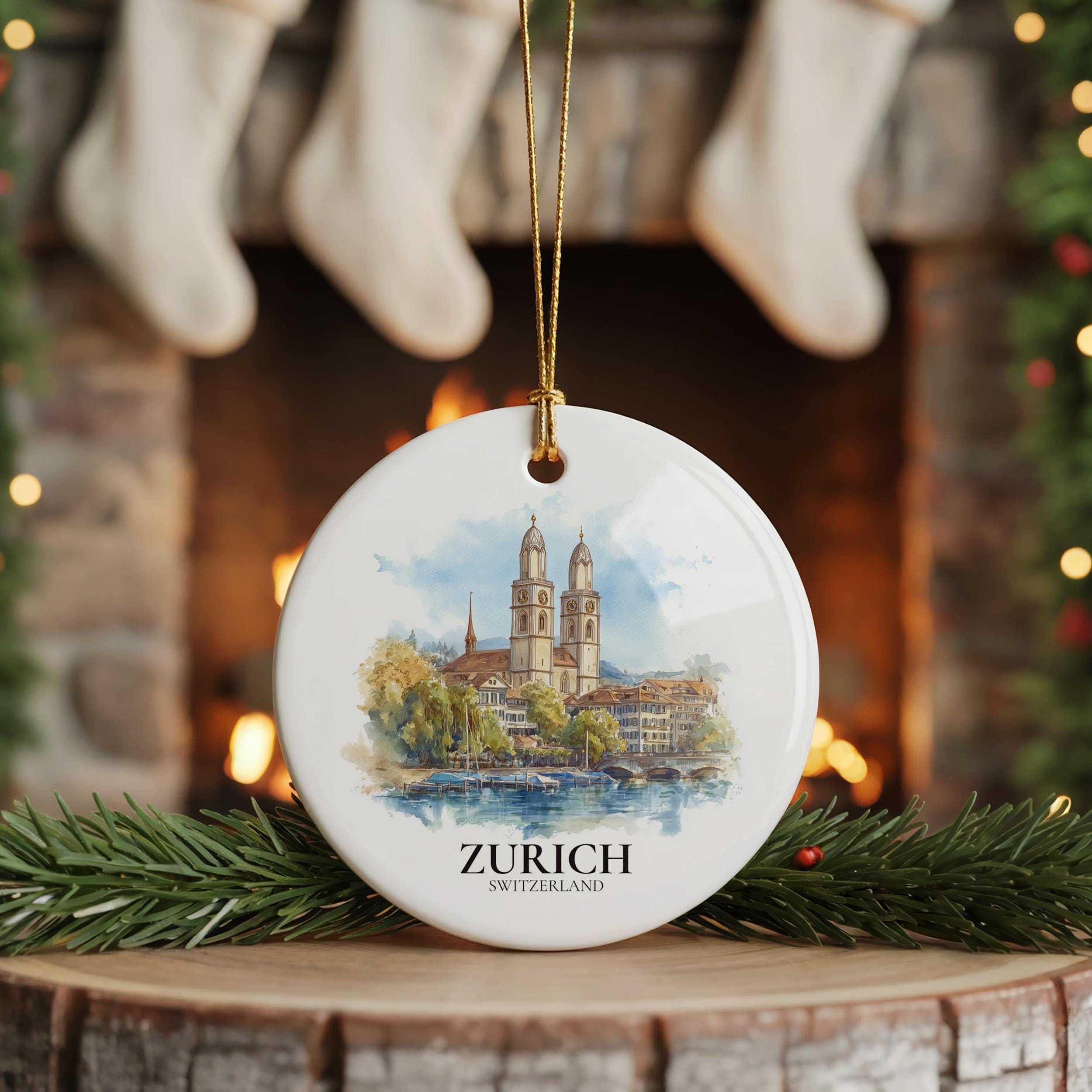 Zurich Switzerland Personalized Watercolor Ornament, Custom Ceramic Christmas gift, Travel Keepsake