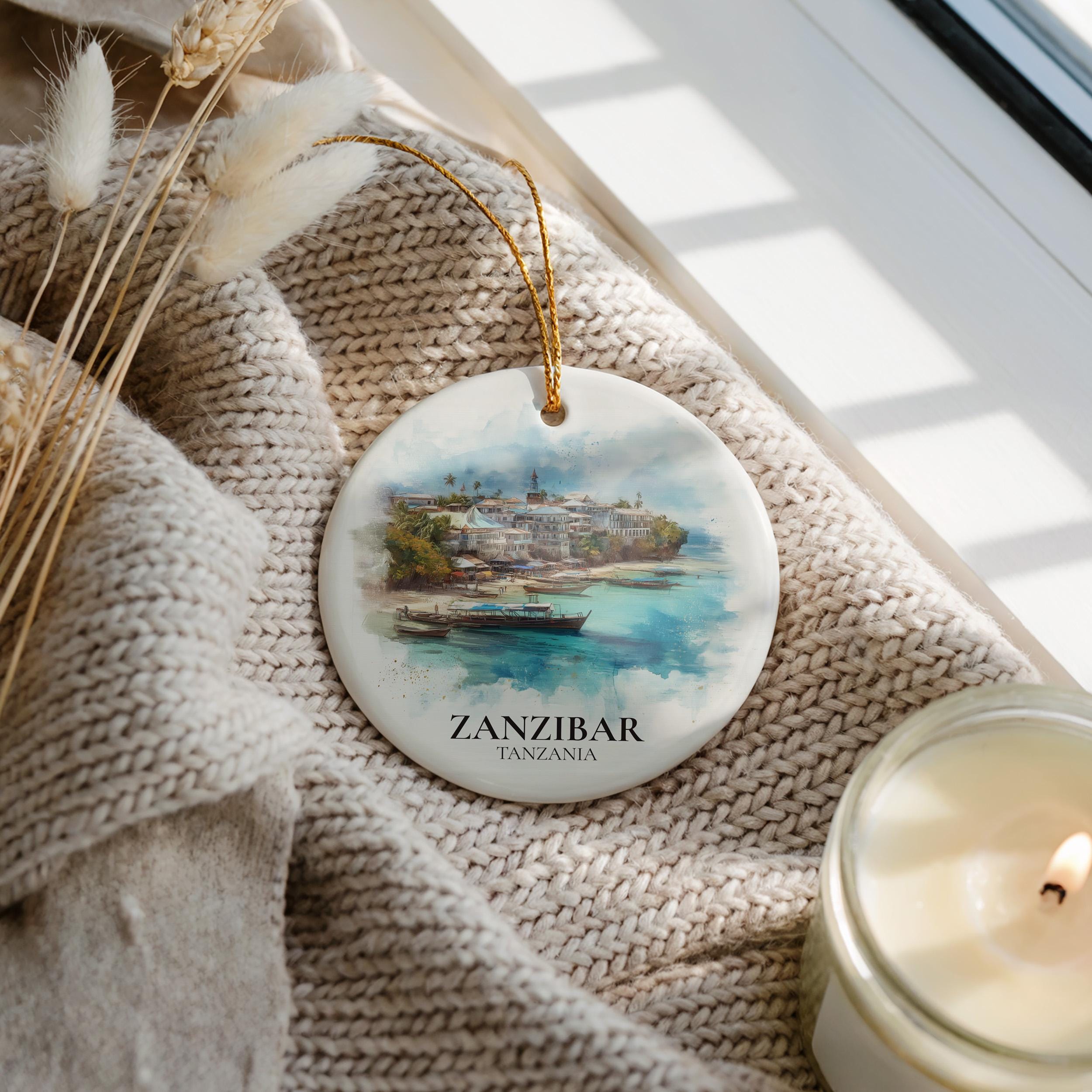 Zanzibar Tanzania Personalized Watercolor Ornament, Custom Ceramic Christmas gift, Travel Keepsake