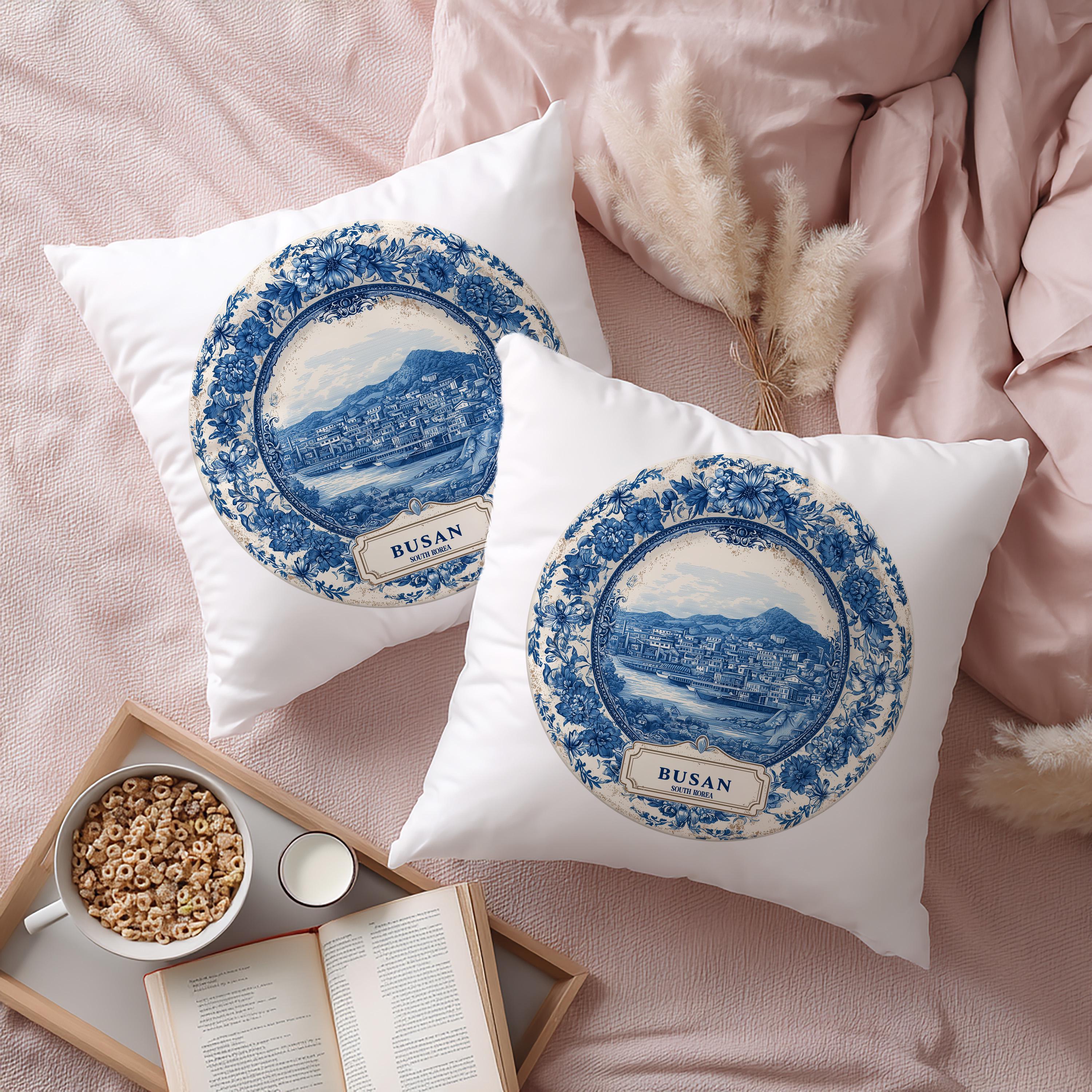 Busan South Korea Pillowcase, Delft Style Decorative Throw Pillow, Vintage Cityscape Retro Home Decor