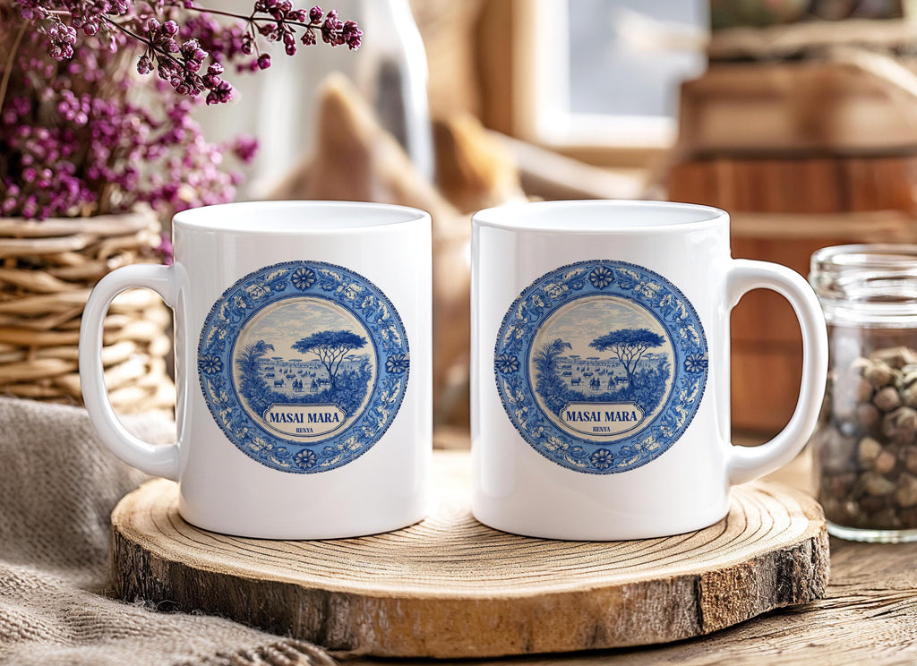Masai Mara Kenya Mug, Custom Delft Style cup, Personalized Vintage Travel City Gift