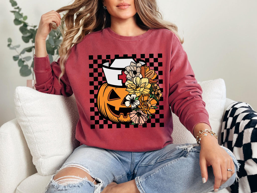 Floral Scary pumpkin, Halloween Nurse Sweatshirt, Spooky RN Fall Top, Funny Apparel, Cozy Autumn Pullover, Cute Retro Gift for Nurse