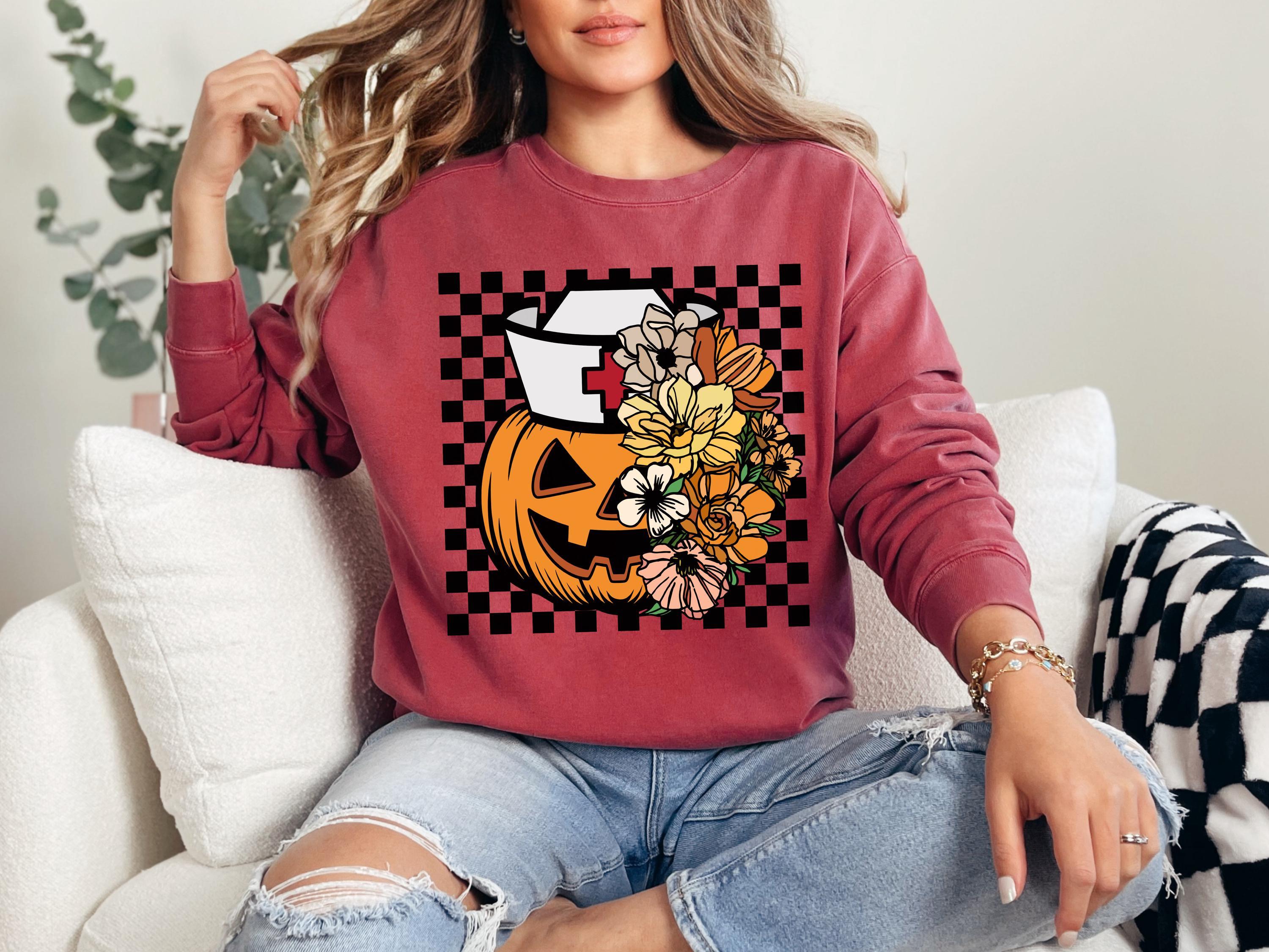 Floral Scary pumpkin, Halloween Nurse Sweatshirt, Spooky RN Fall Top, Funny Apparel, Cozy Autumn Pullover, Cute Retro Gift for Nurse