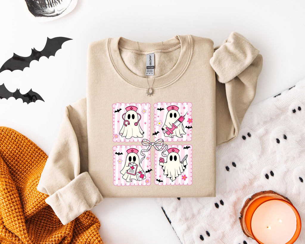 Cute Nurse Halloween Sweatshirt Pink ghost, Halloween Gift for Nurse Medical Lab, Nurse Spooky , Nurse Halloween Boo Boo Crew