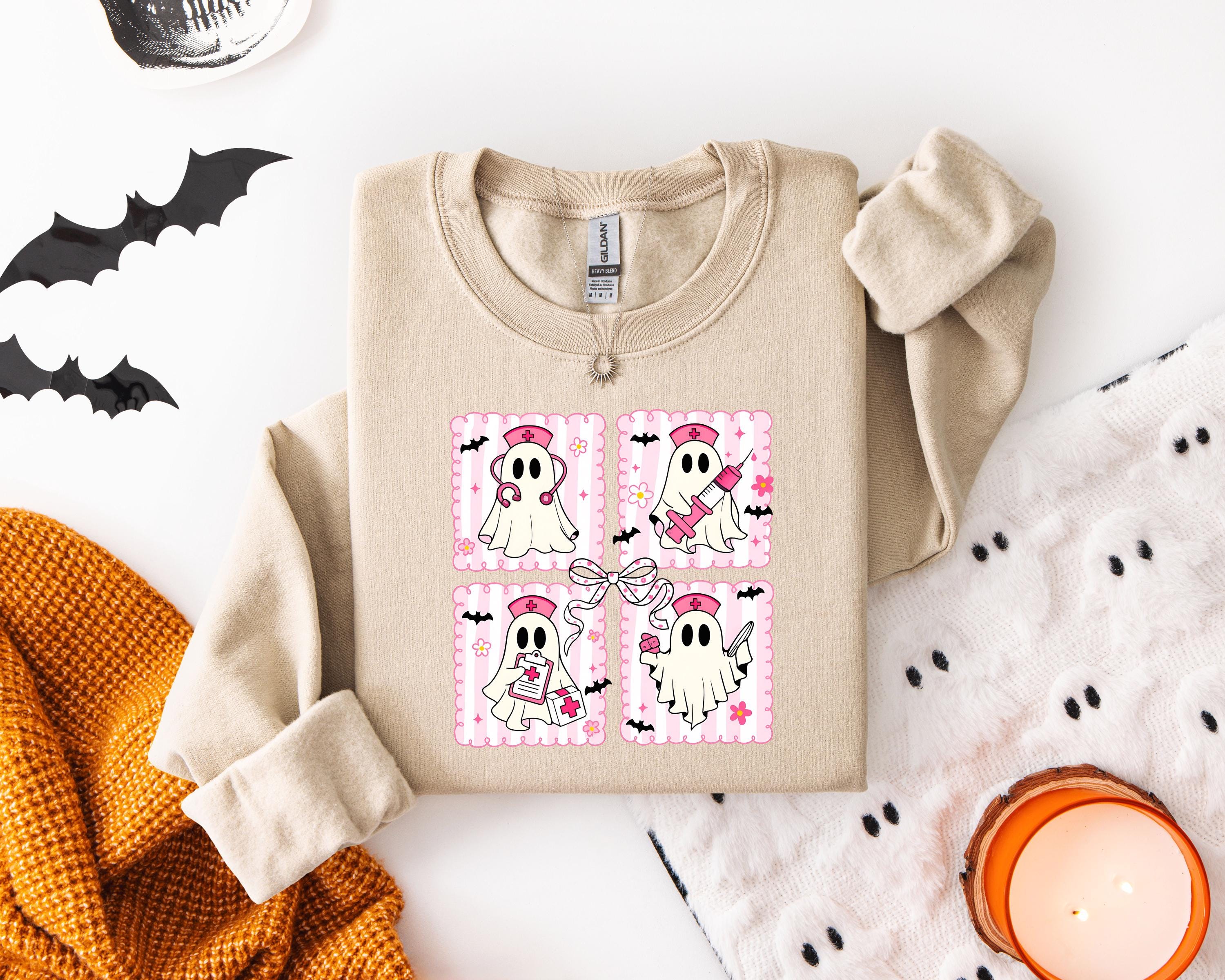 Cute Nurse Halloween Sweatshirt Pink ghost, Halloween Gift for Nurse Medical Lab, Nurse Spooky , Nurse Halloween Boo Boo Crew