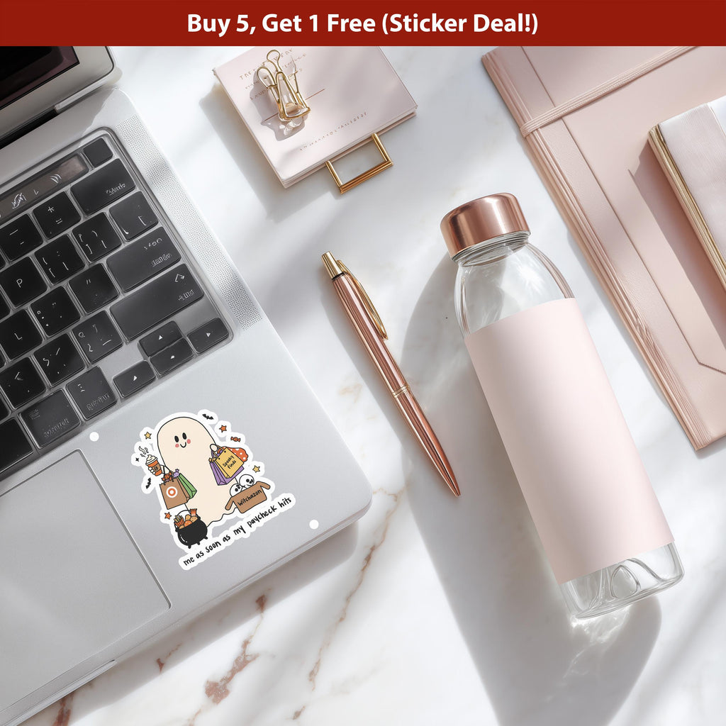 Me As Soon As My Paycheck Hits Sticker, Cute ghost shopping Halloween Vinyl Decal