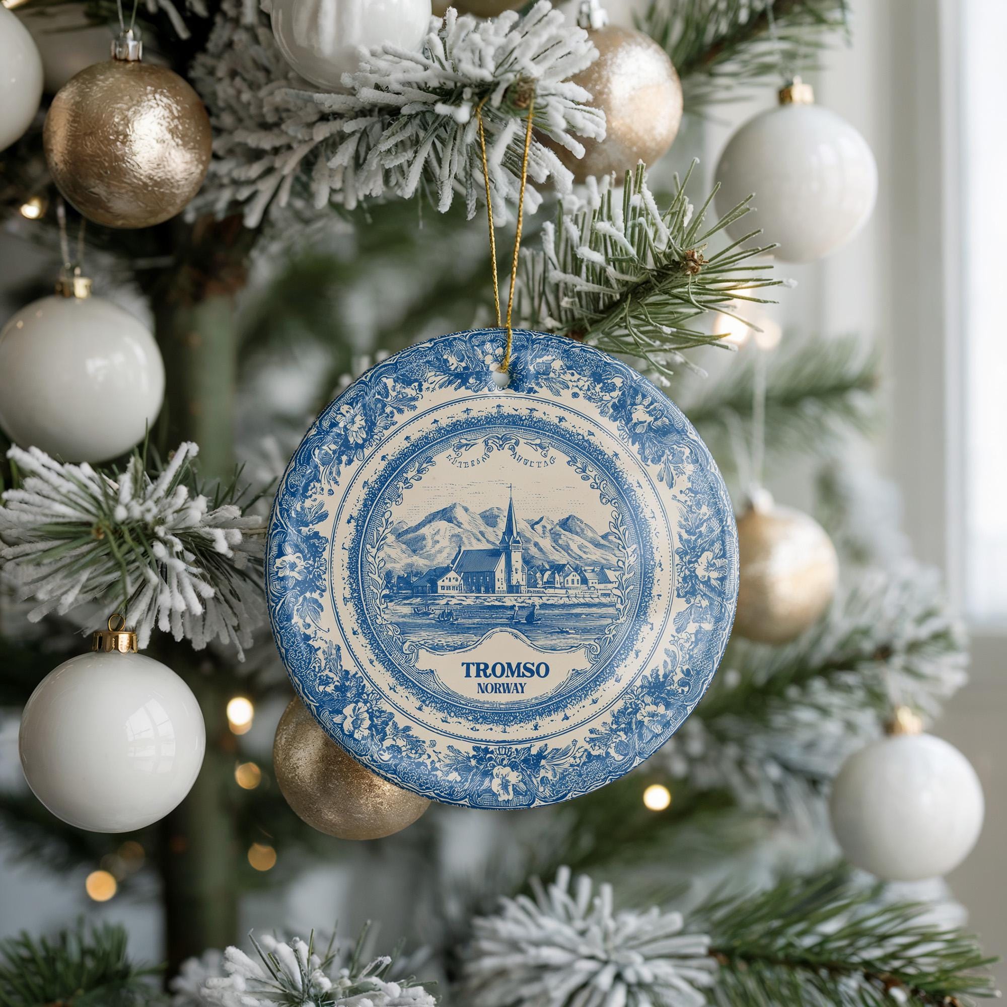 Custom Tromso Norway Ceramic Delft Ornament, Christmas Delftware Blue Delftware city travel