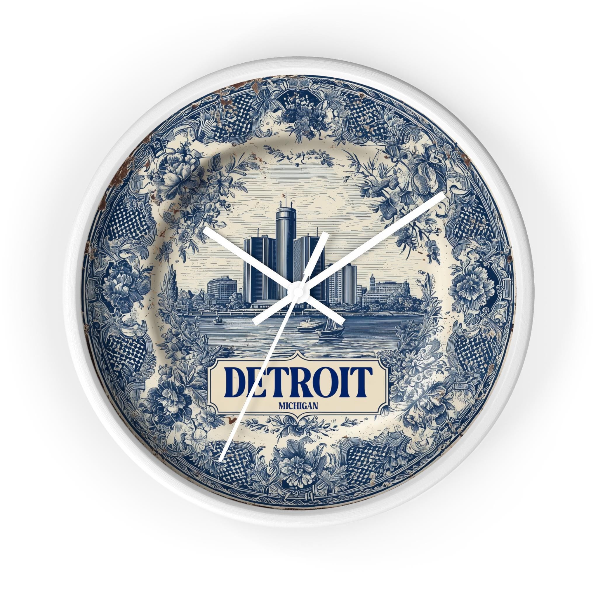 Detroit Michigan Wall Clock, Delf style Home Decor, Vintage City Travel Keepsake Art