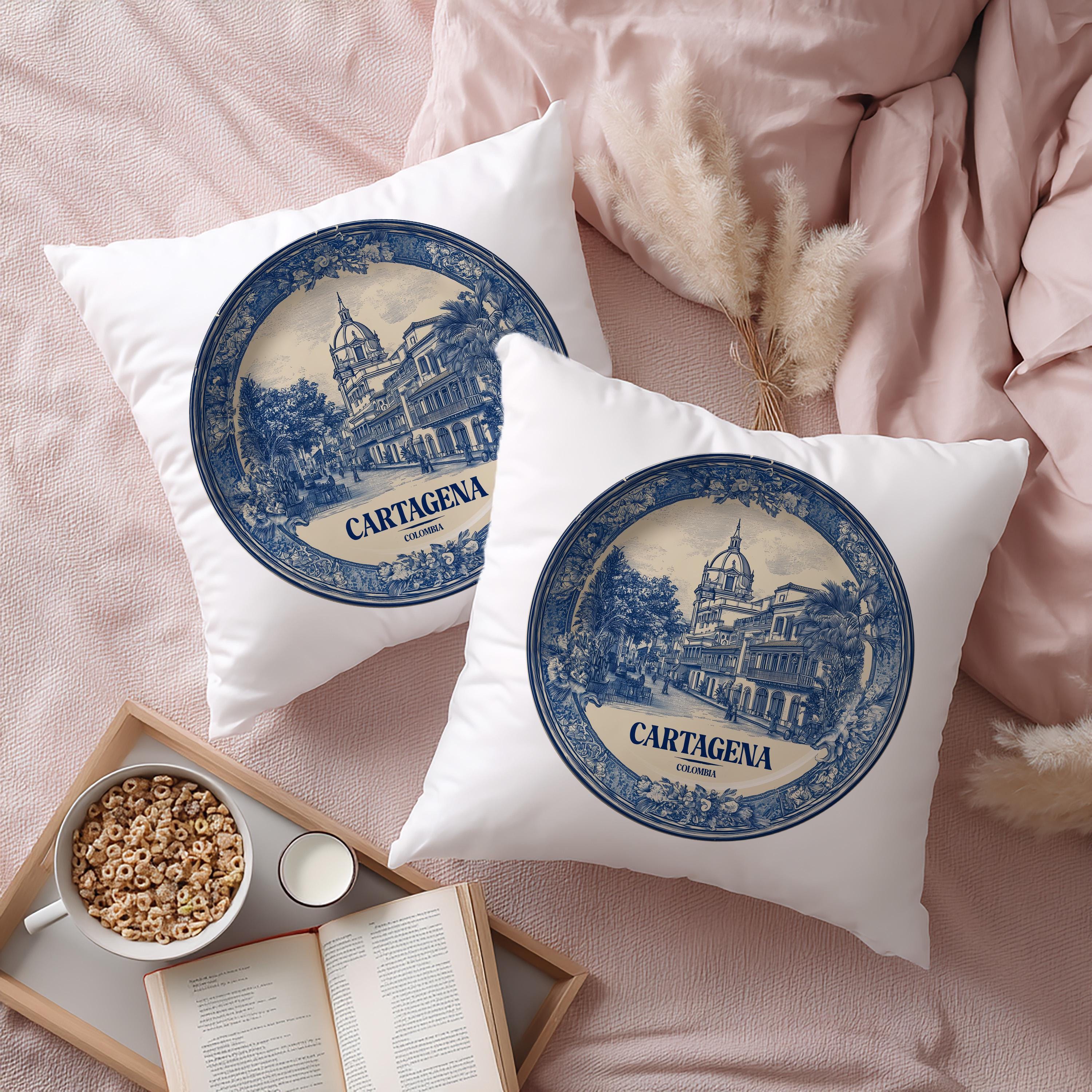 Cartagena Colombia Pillowcase, Delft Style Decorative Throw Pillow, Vintage Cityscape Retro Home Decor