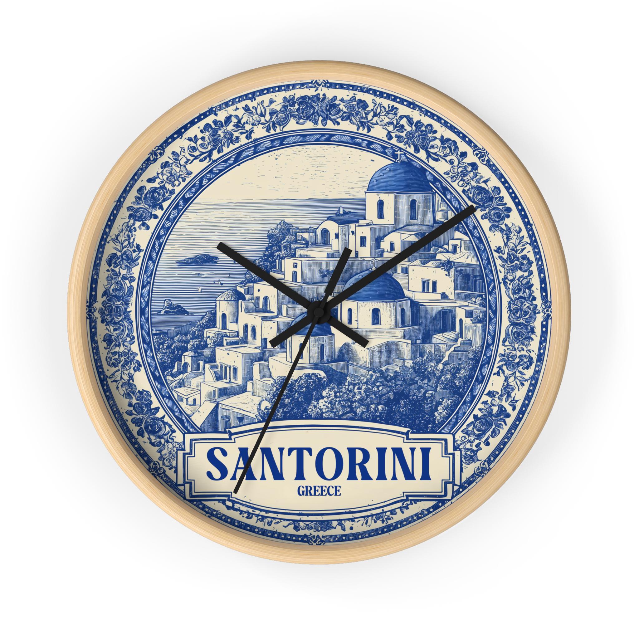 Santorini Greece Wall Clock, Delf style Home Decor, Vintage City Travel Keepsake Art