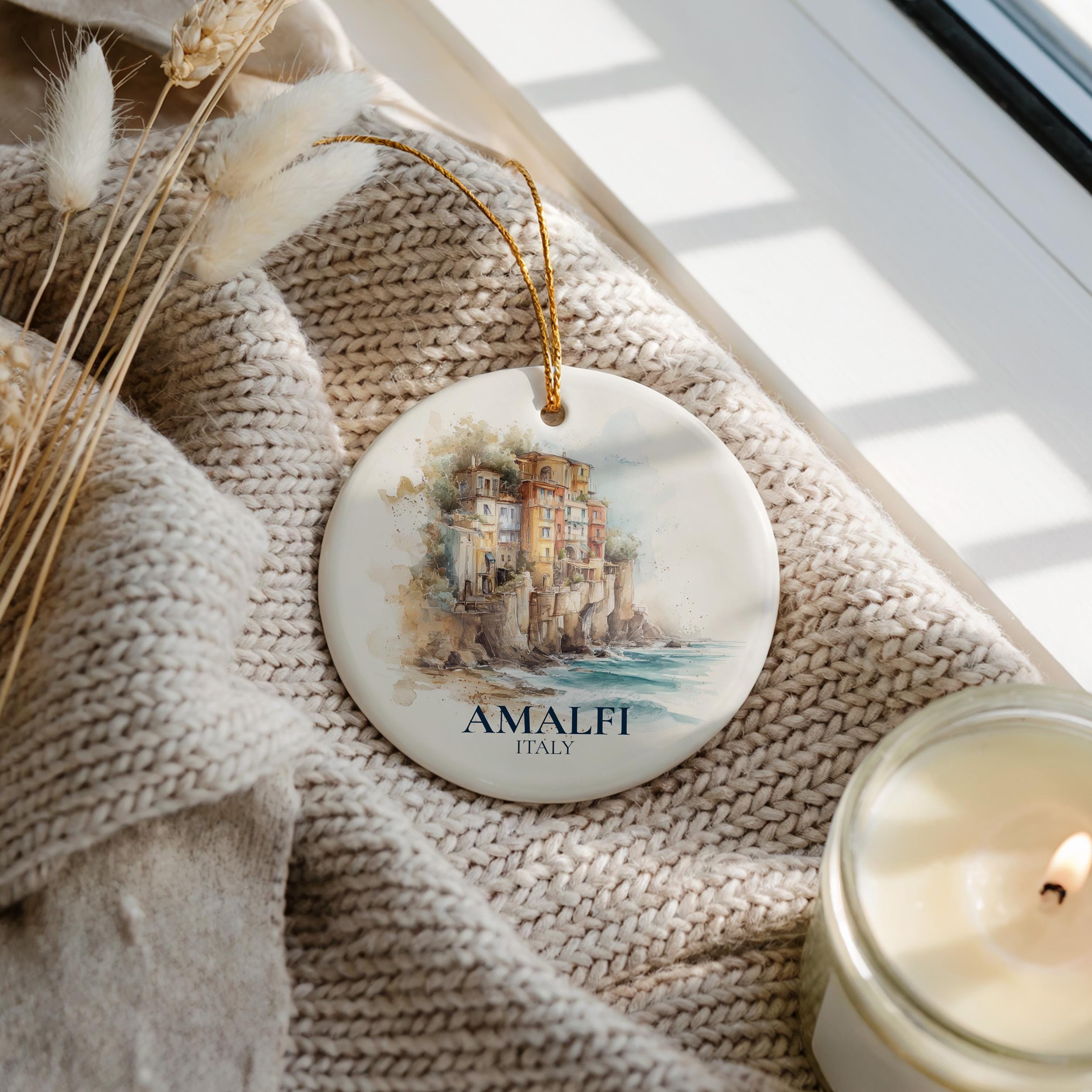 Amalfi Coast Italy Personalized Watercolor Ornament, Custom Ceramic Christmas gift, Travel Keepsake