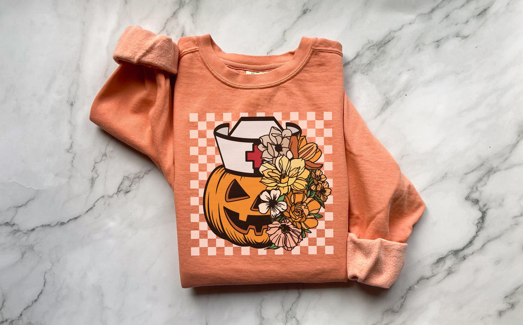 Halloween Nurse  Pumpkin Sweatshirt, Spooky RN Fall Top Cozy Autumn Pullover, Cute Retro Gift for Nurse