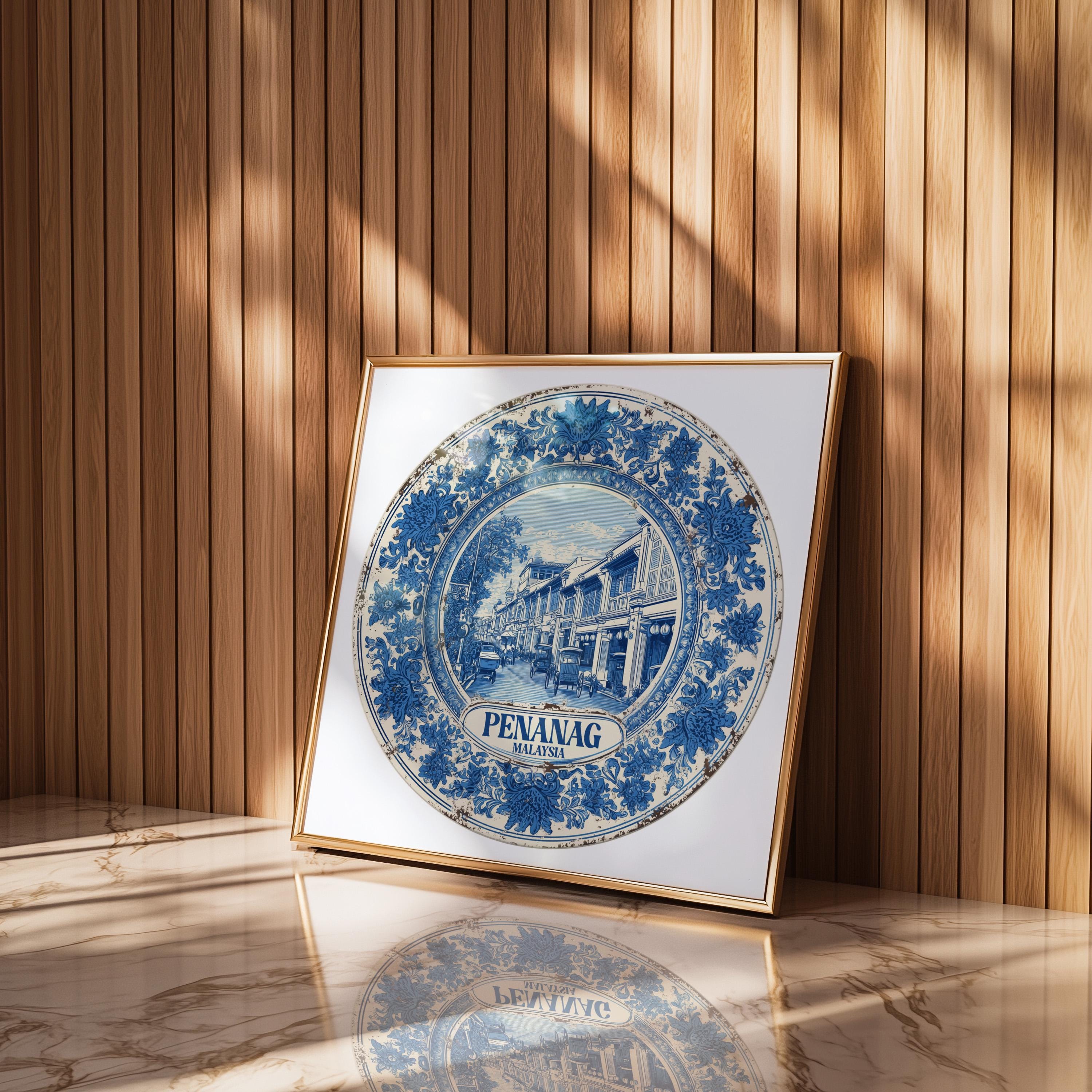 Penang Malaysia Wall Art, Vintage Delft Blue Poster, City Print, Travel Home Decor