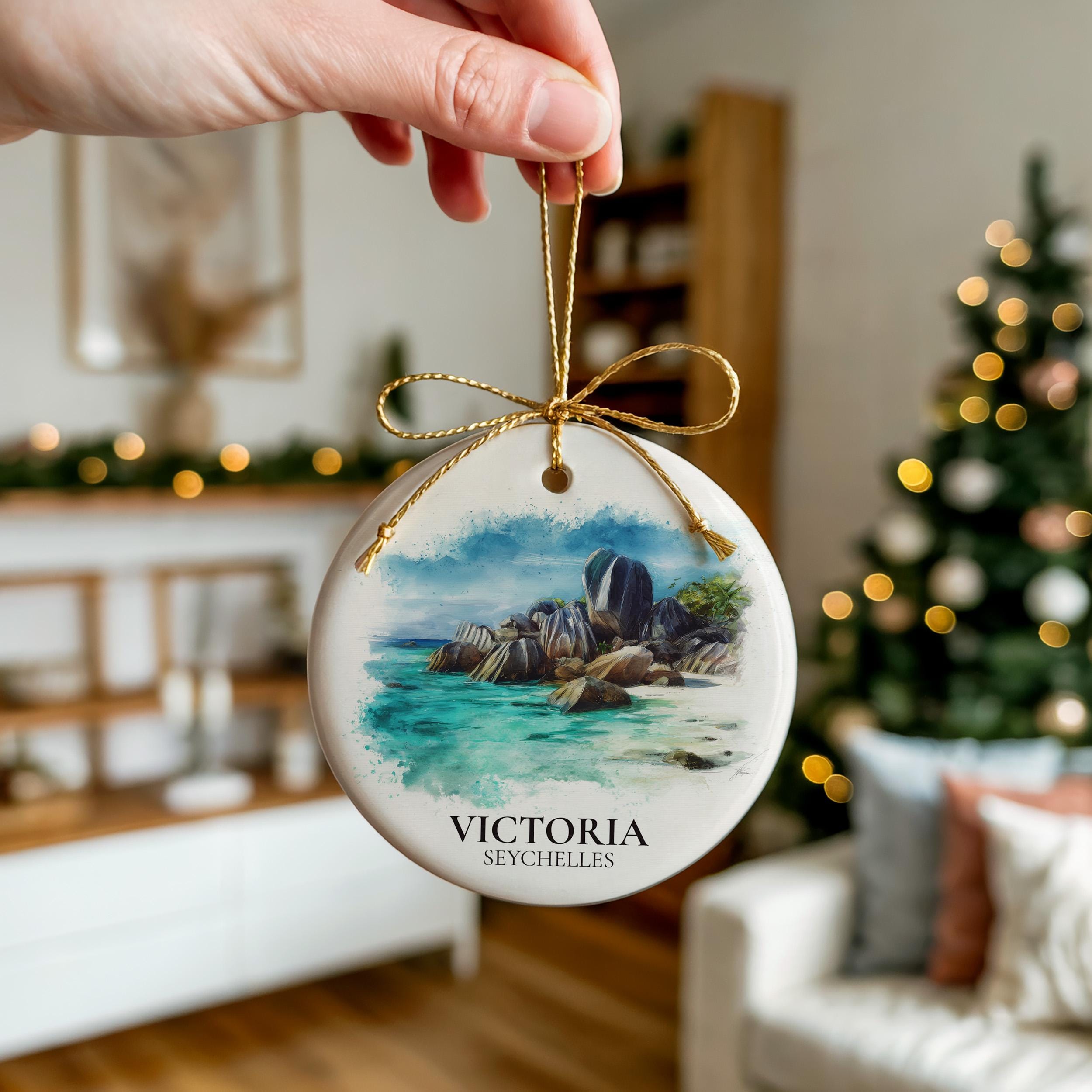 Victoria Seychelles Personalized Watercolor Ornament, Custom Ceramic Christmas gift, Travel Keepsake